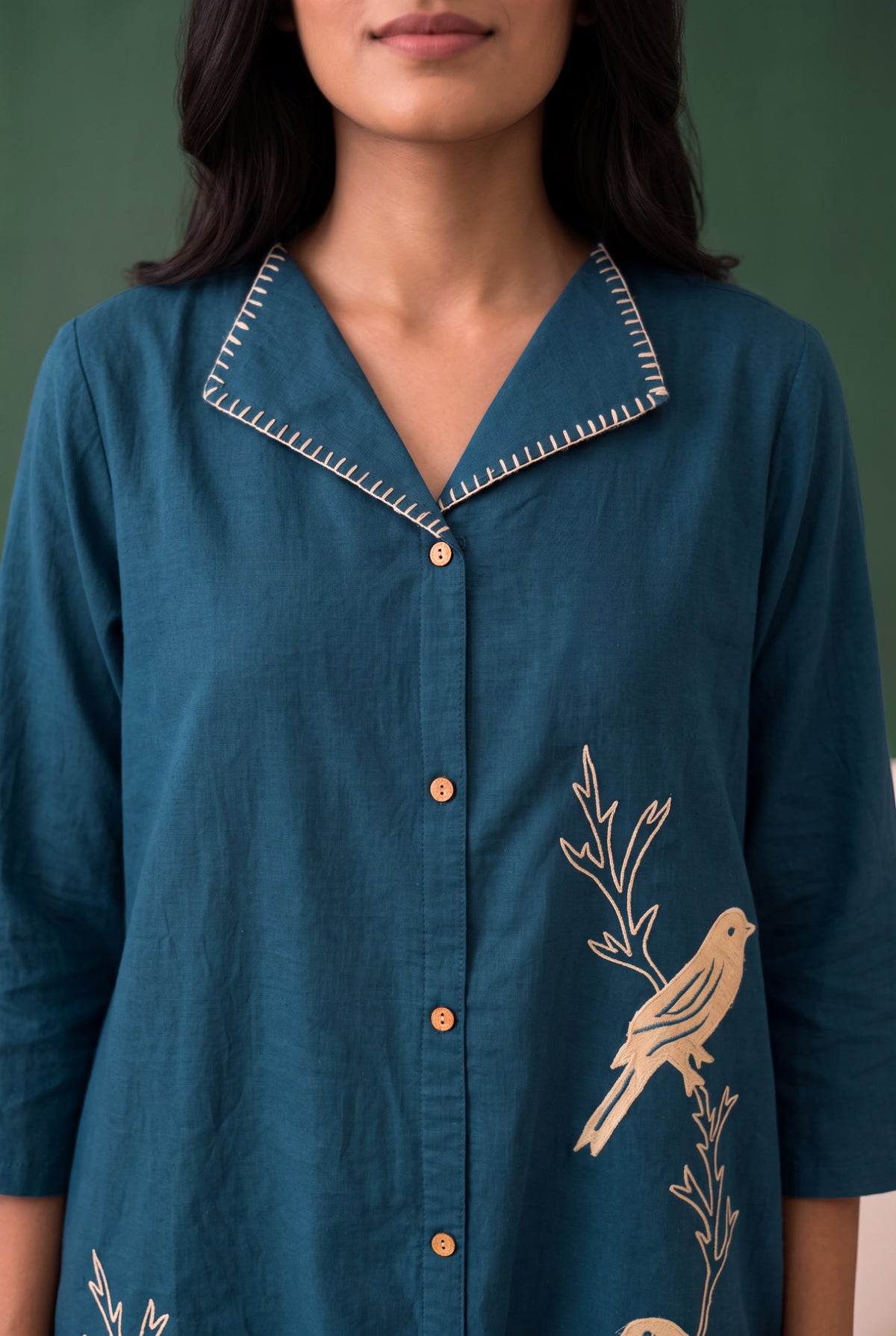 Teal Contrast Bird Motif Embroidered Cotton Flex Co-ord Set
