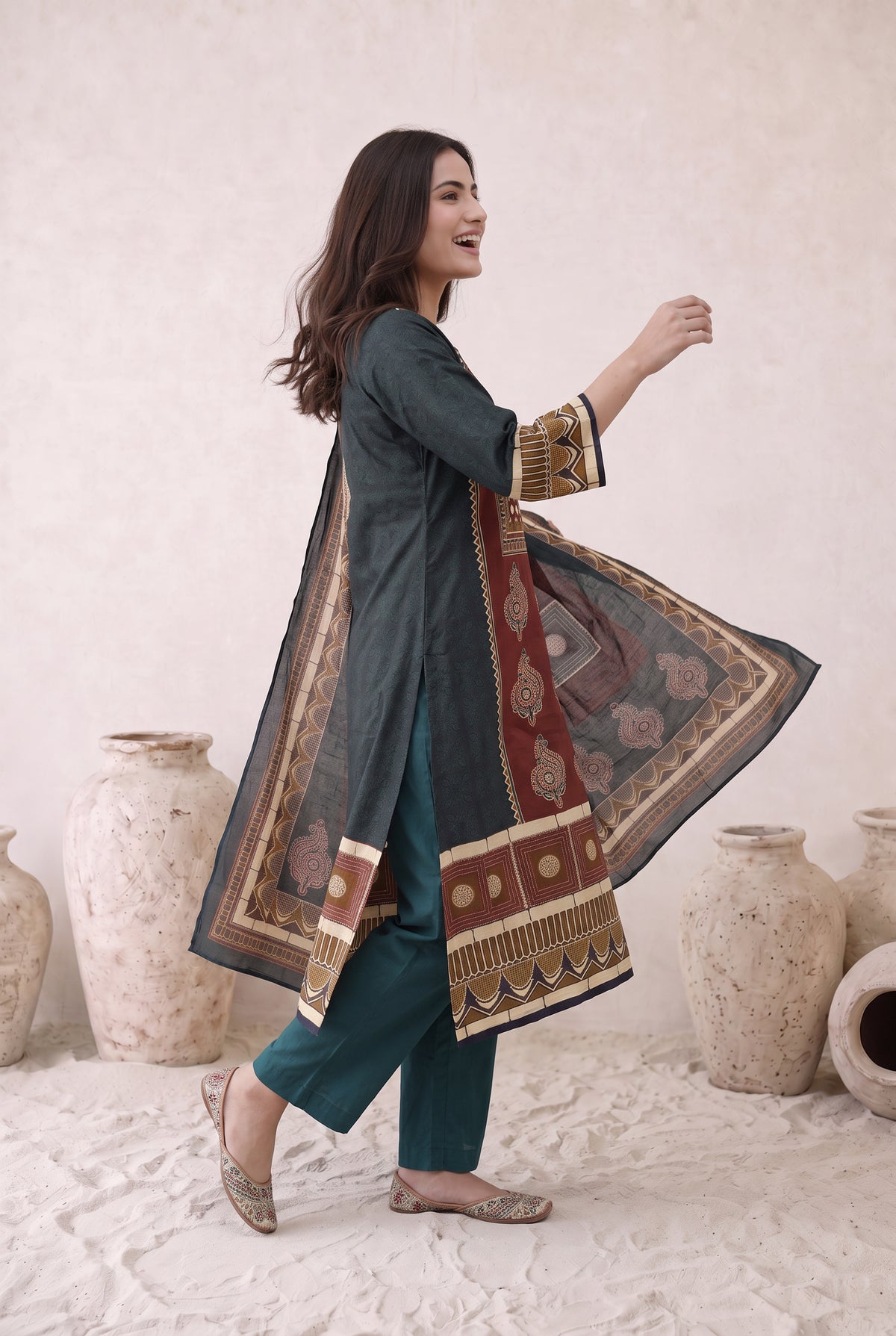 Teal Maroon Printed Cotton Kurta Set with Dupatta
