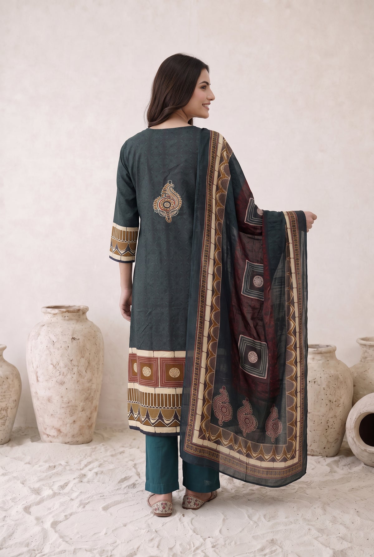 Teal Maroon Printed Cotton Kurta Set with Dupatta
