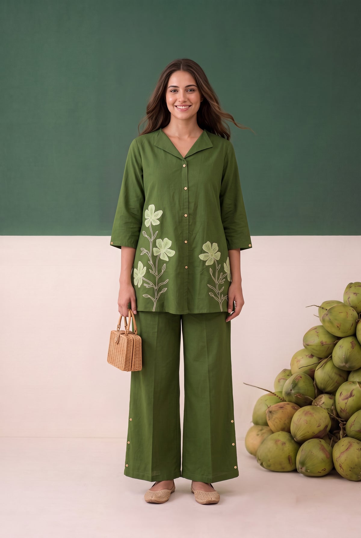 Green Nature-Inspired Contrast Floral Embroidery Cotton Co-ord Set