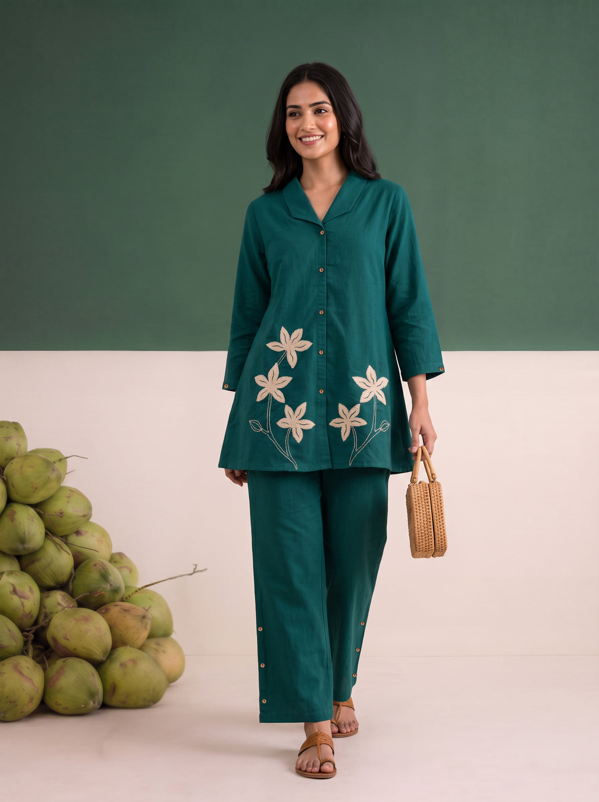 Teal Statement Applique Flower Cotton Flex Co-ord Set
