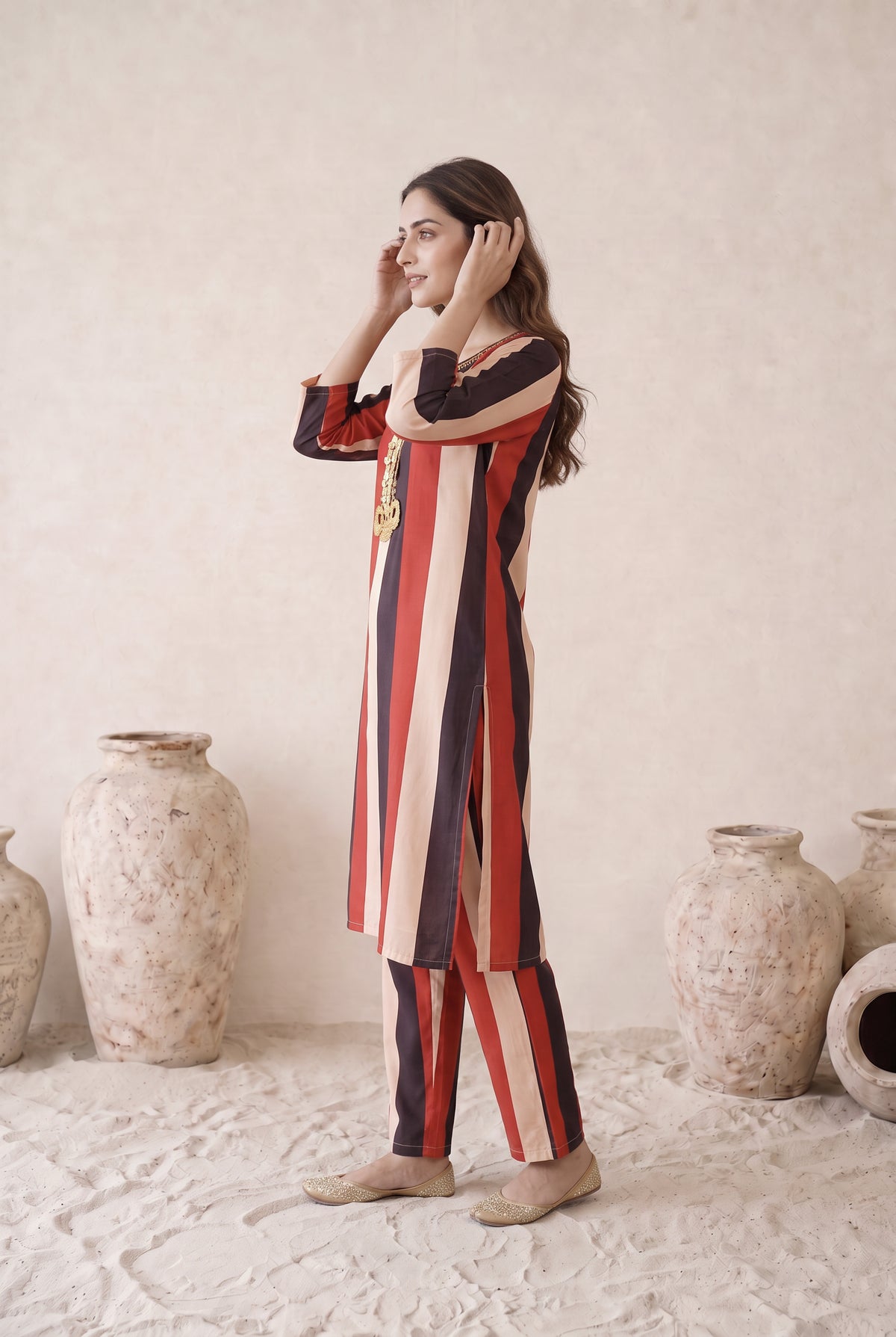 Meher Red, Black & Cream Striped Printed Muslin Kaftan Set