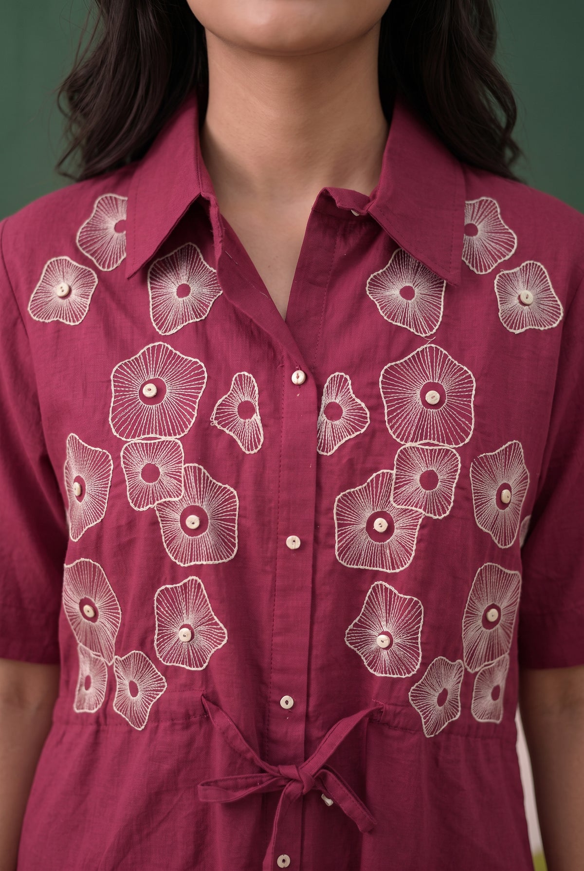 Maroon Floral Embroidered with Waist Belt Cotton Co-ord Set