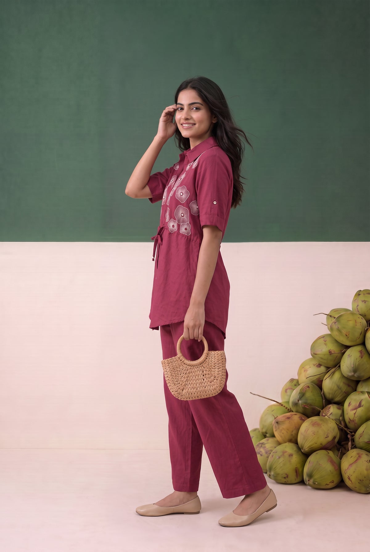 Maroon Floral Embroidered with Waist Belt Cotton Co-ord Set