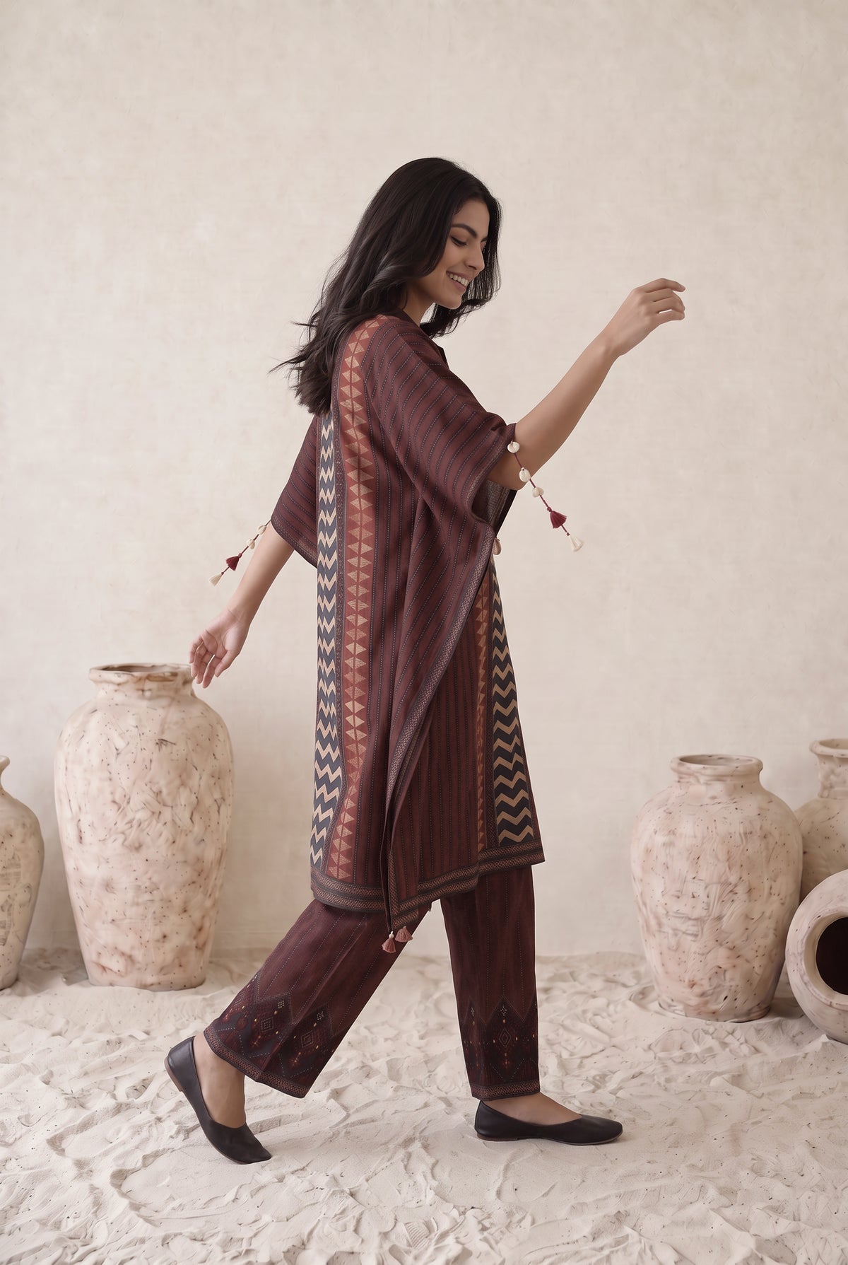 Ruhani Maroon Floral Printed Muslin Kaftan Set