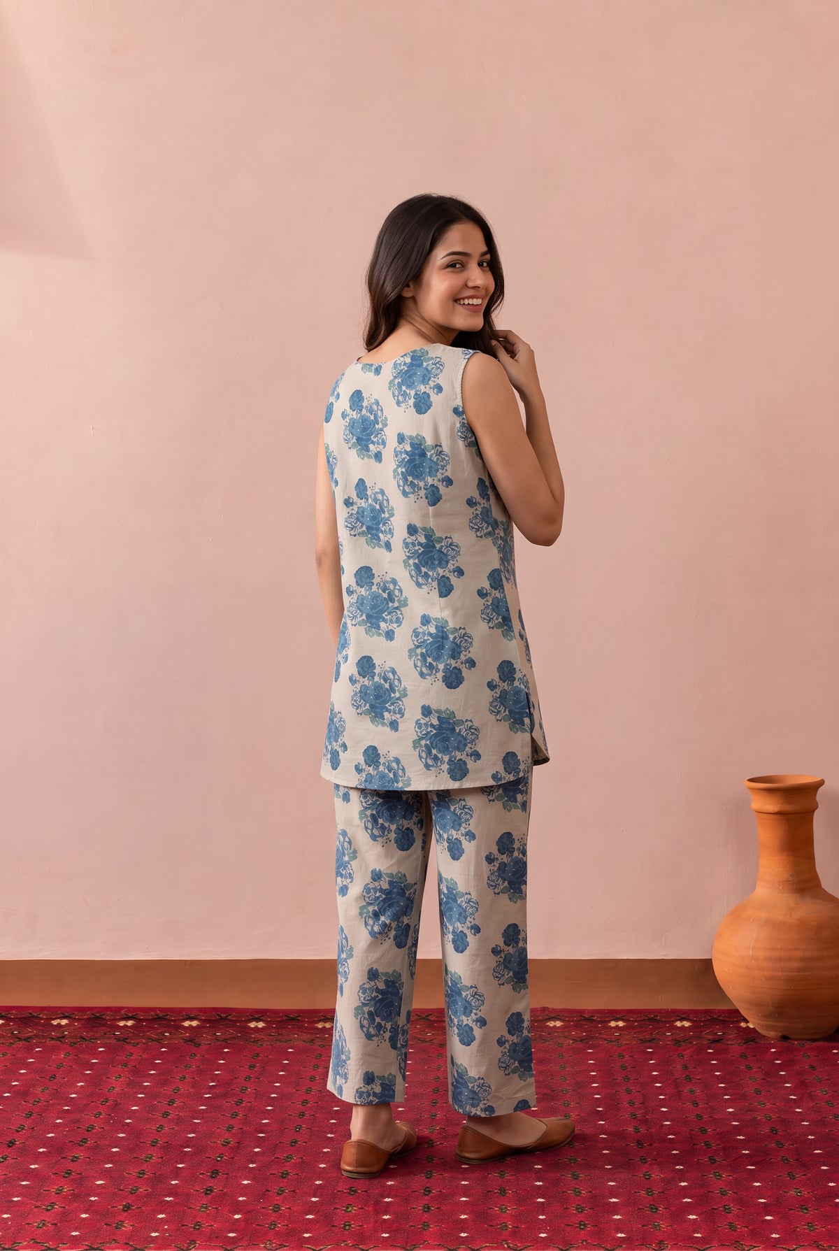 Blue Rose Bouquet Printed Cotton Co-ord Set