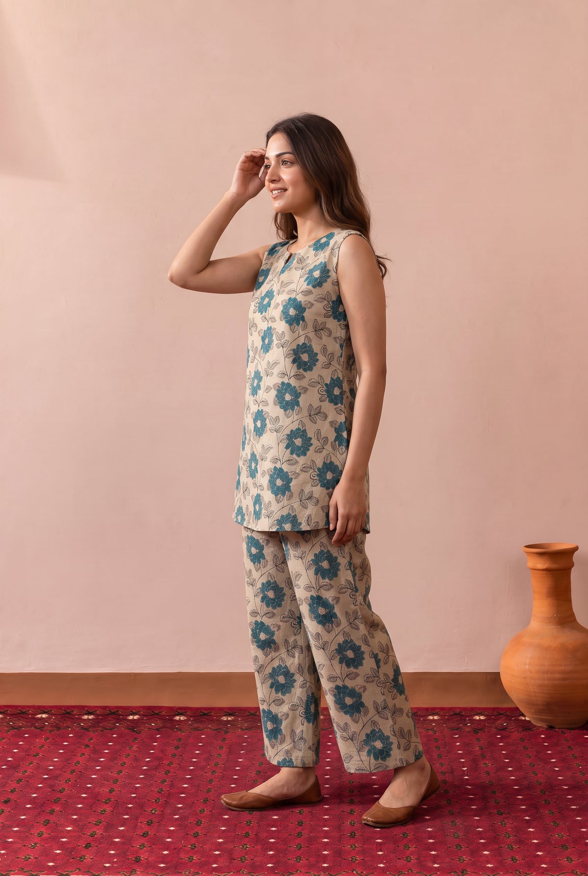 Beige Vintage Floral Printed Cotton Co-ord Set