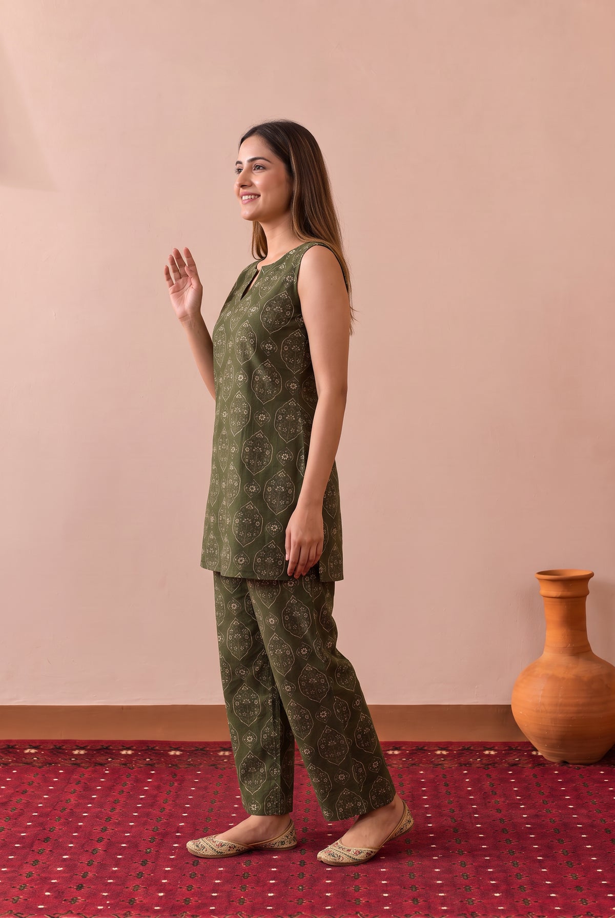 Olive Green Heritage Buta Printed Cotton Co-ord Set