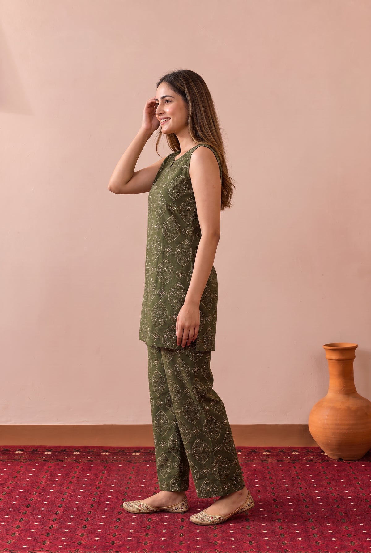 Olive Green Heritage Buta Printed Cotton Co-ord Set
