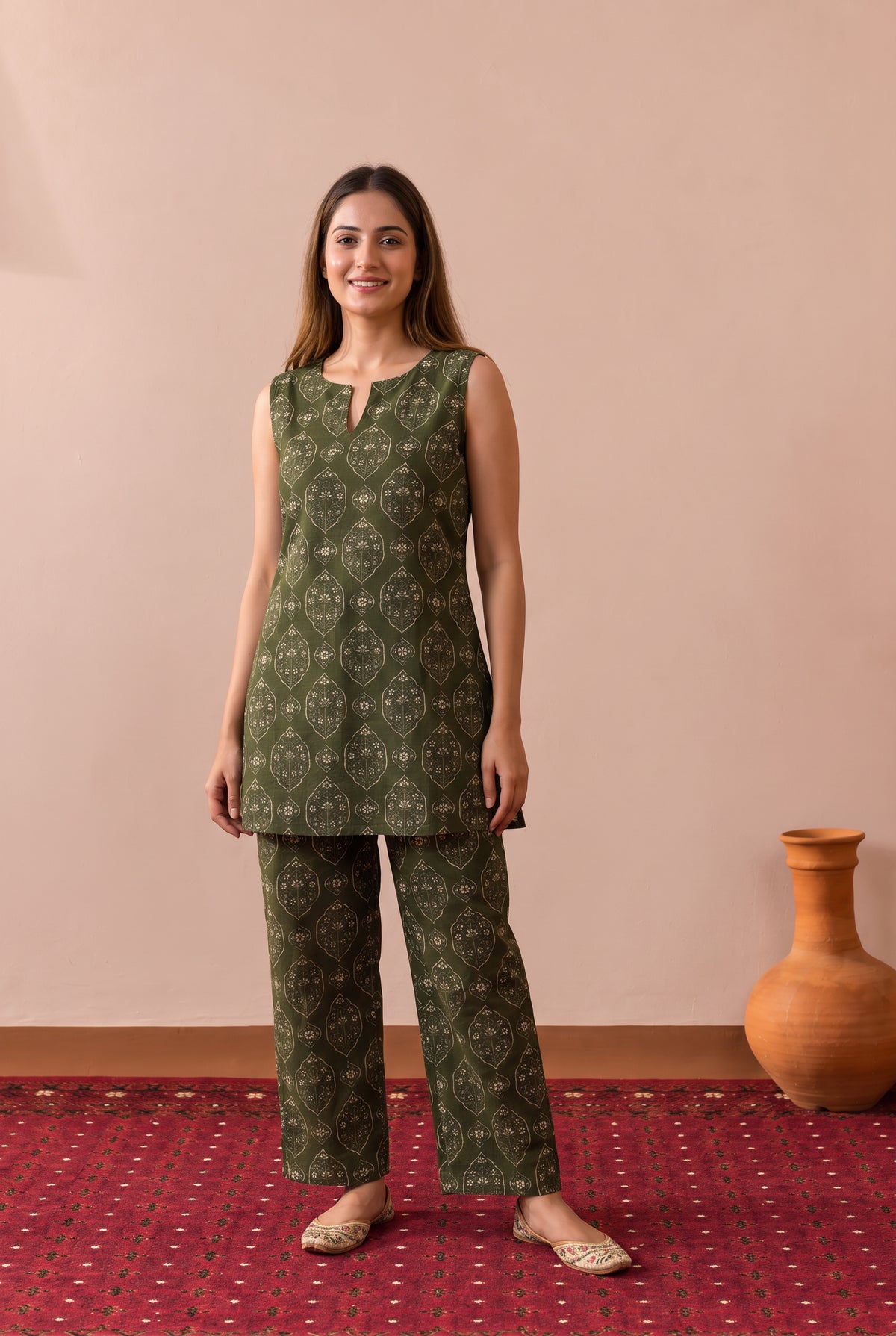 Olive Green Heritage Buta Printed Cotton Co-ord Set