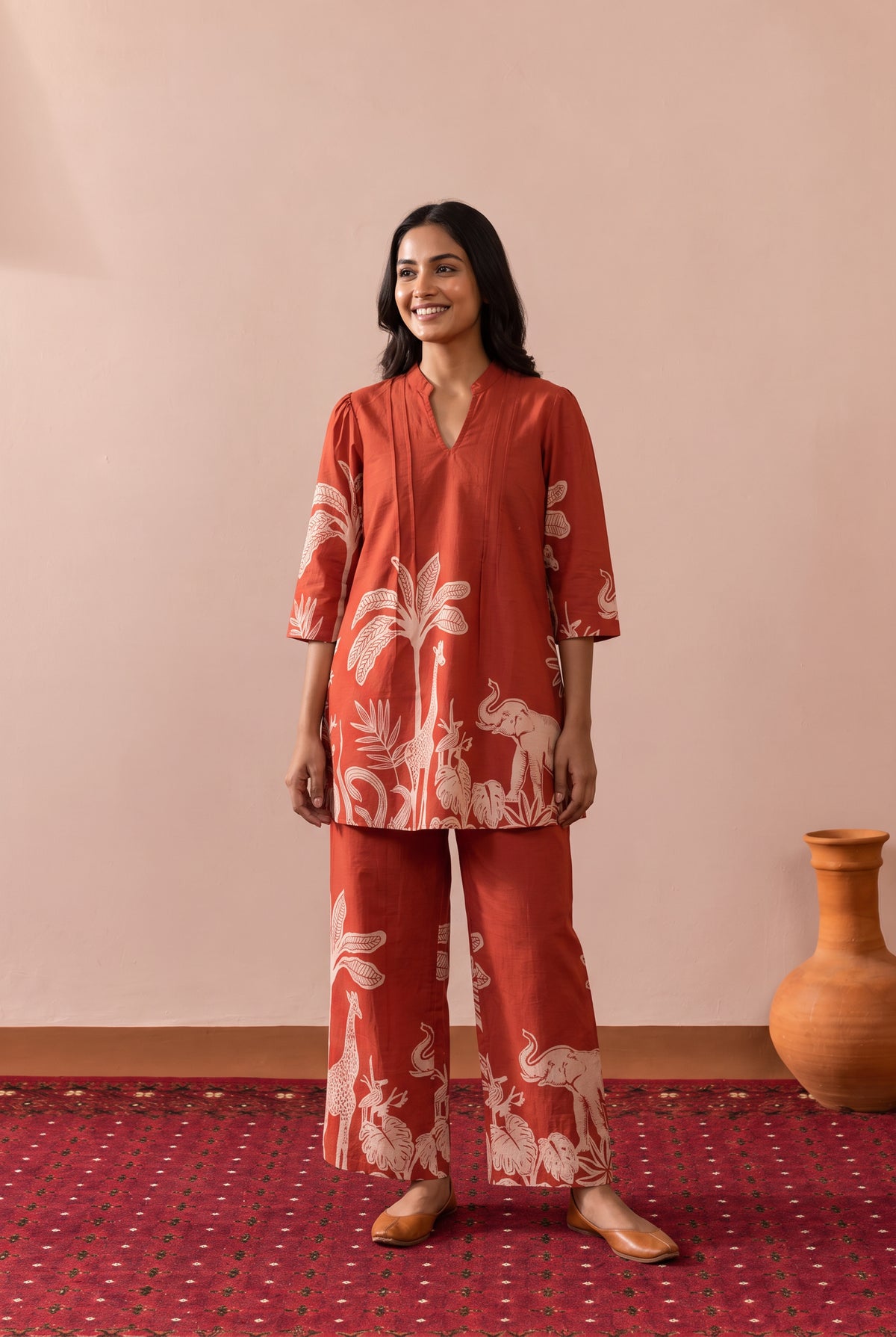 Rust Tropical Nature And Wildlife Printed Cotton Co-ord Set