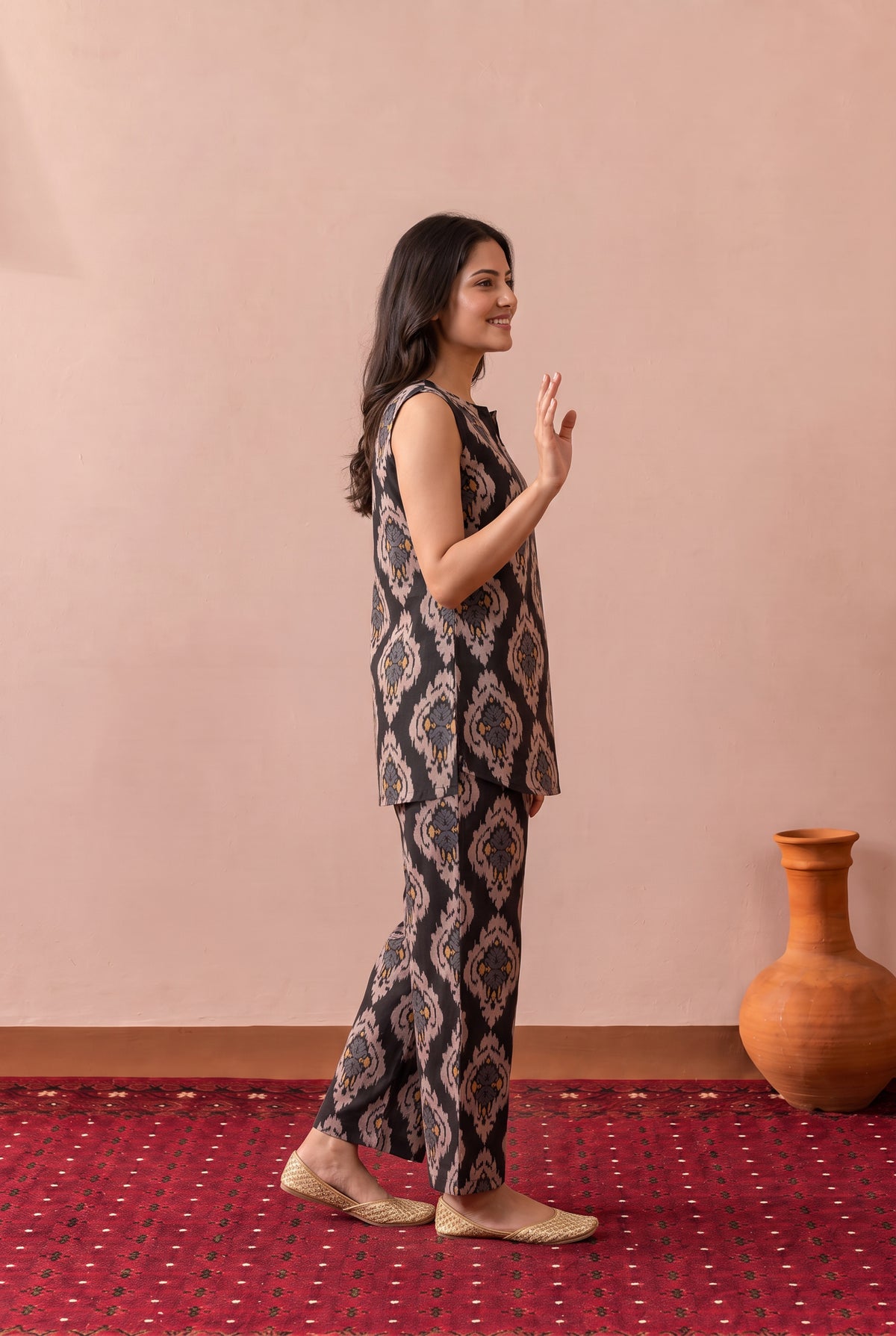 Black Geometric Ikat Printed Cotton Co-ord Set