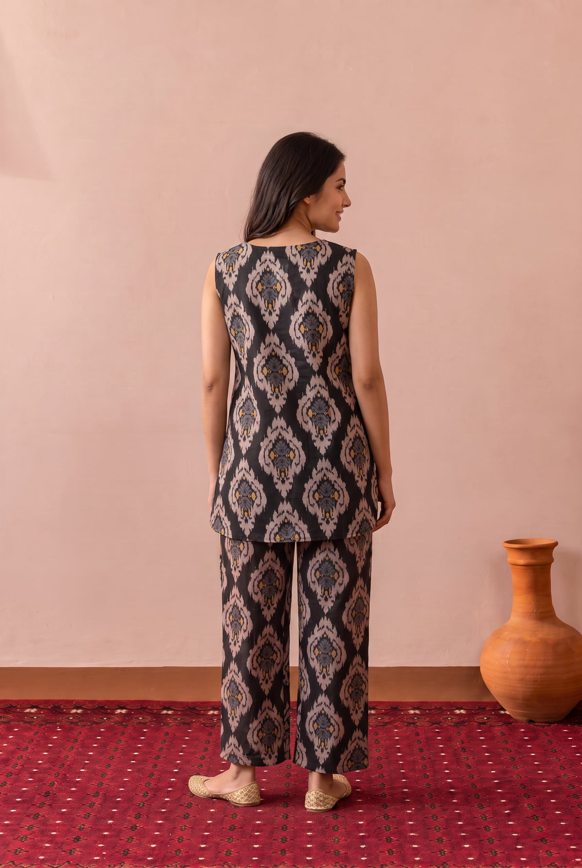 Black Geometric Ikat Printed Cotton Co-ord Set