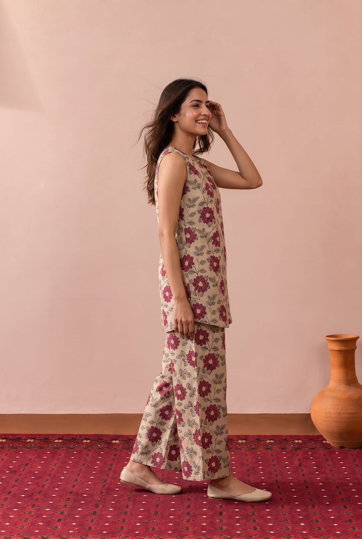 Beige Bloom And Leaf Printed Cotton Co-ord Set
