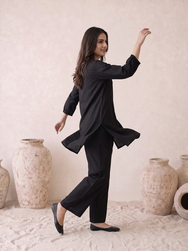 Black Solid Russian silk Co-Ord Set