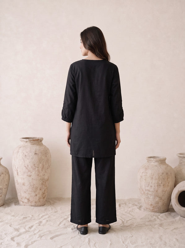 Black Solid Russian silk Co-Ord Set