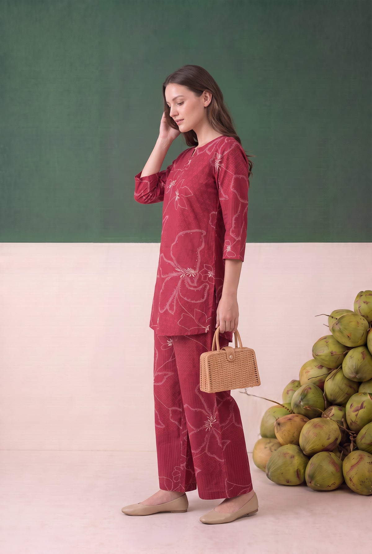 Red Abstract Floral Printed Cotton Flex Co-ord Set