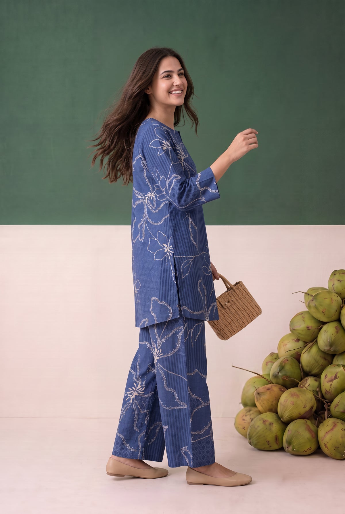 Blue Abstract Floral Printed Cotton Flex Co-ord Set