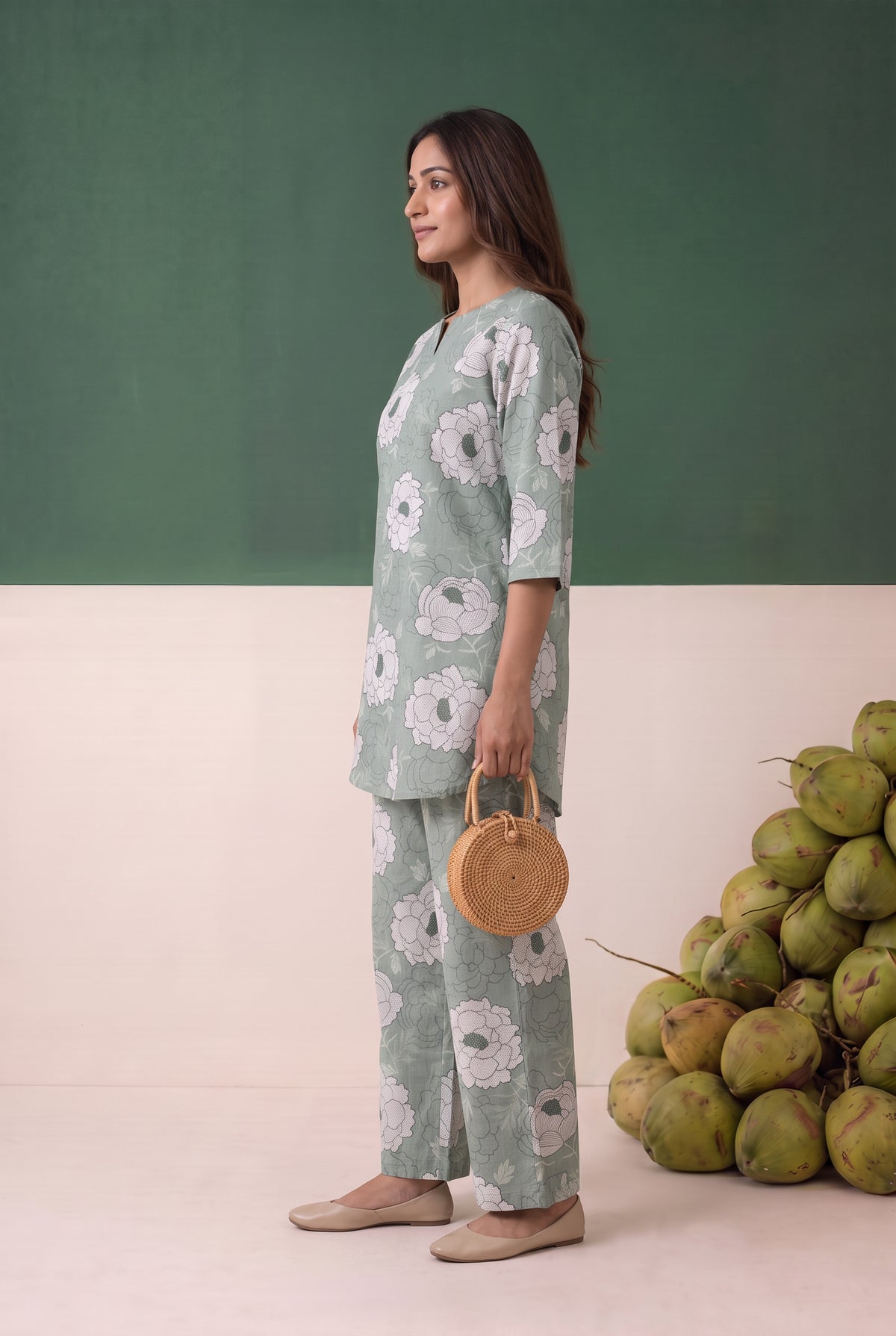 Green All Over Floral Printed Cotton Co-ord Set