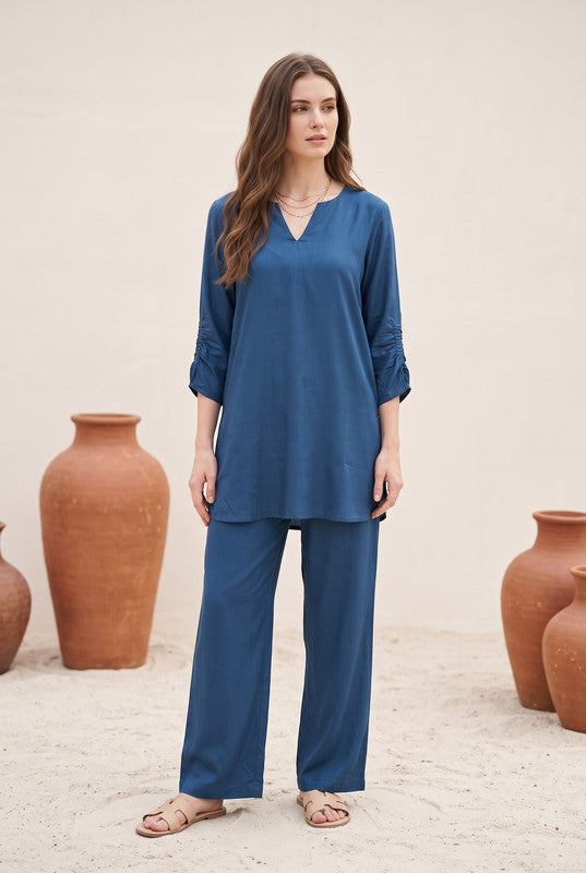 Blue Solid Russian Silk Co-Ord Set