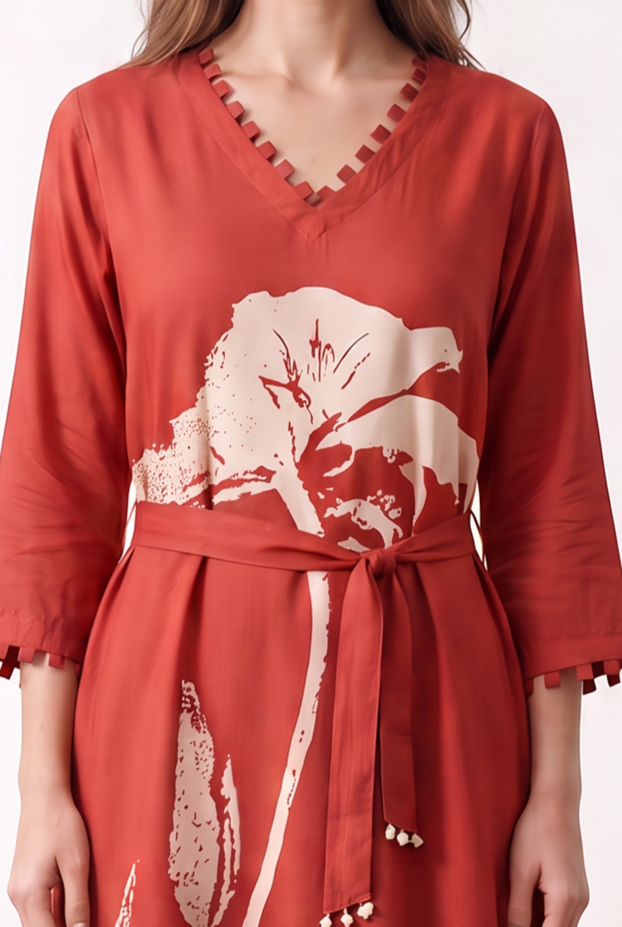 Orange Floral Printed Midi Russian Silk Dress
