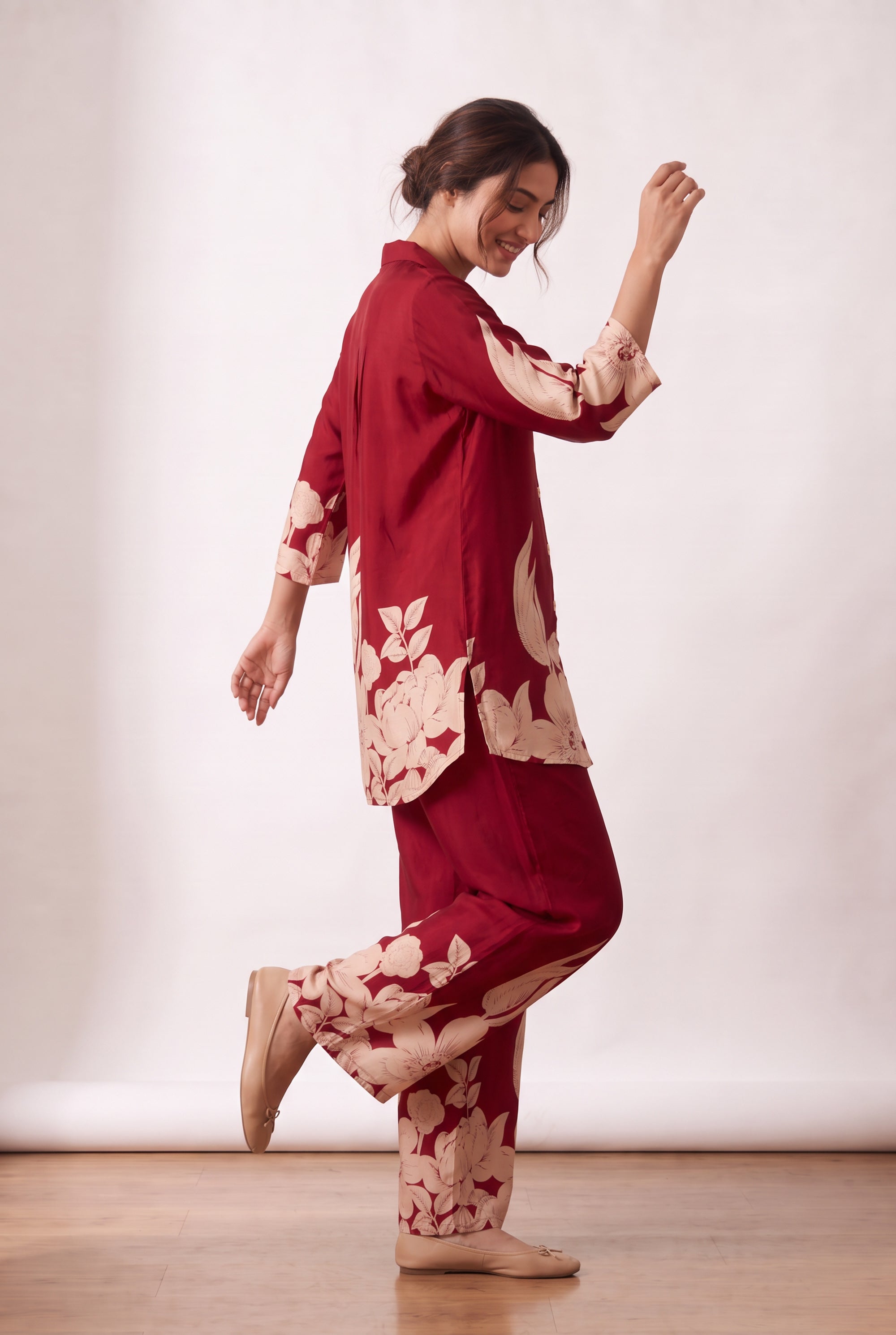 Garden Bloom Floral Hem Printed Russian Silk Co-ord Set