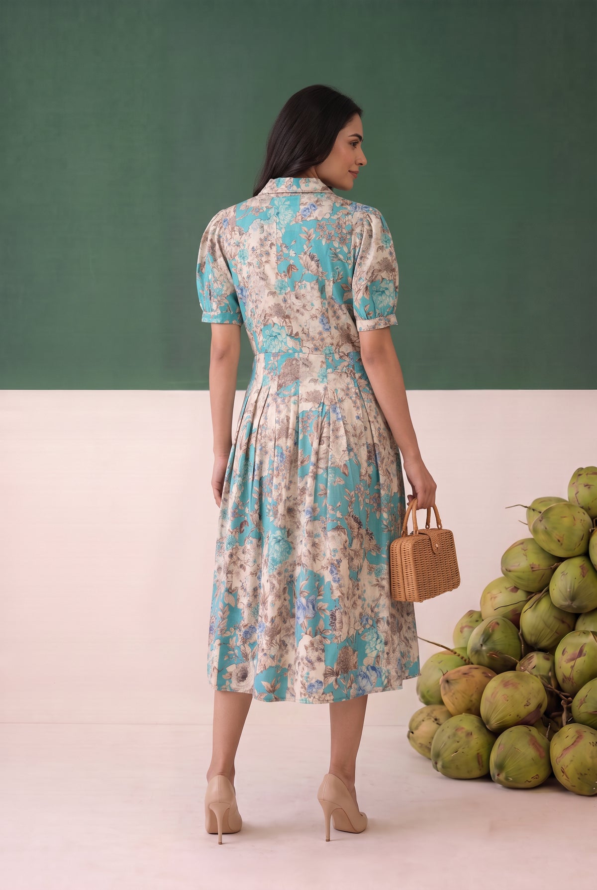 Blue Floral Printed Fit and Flare Midi Cotton Dress