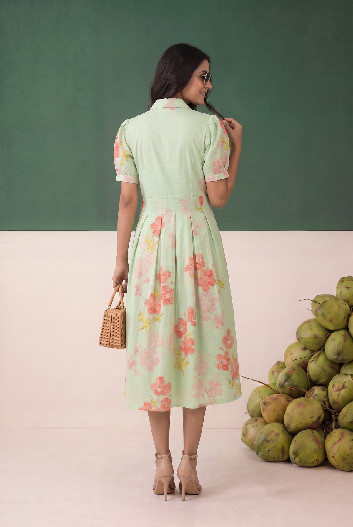 Light Green Floral Printed Fit and Flare Midi Cotton Dress