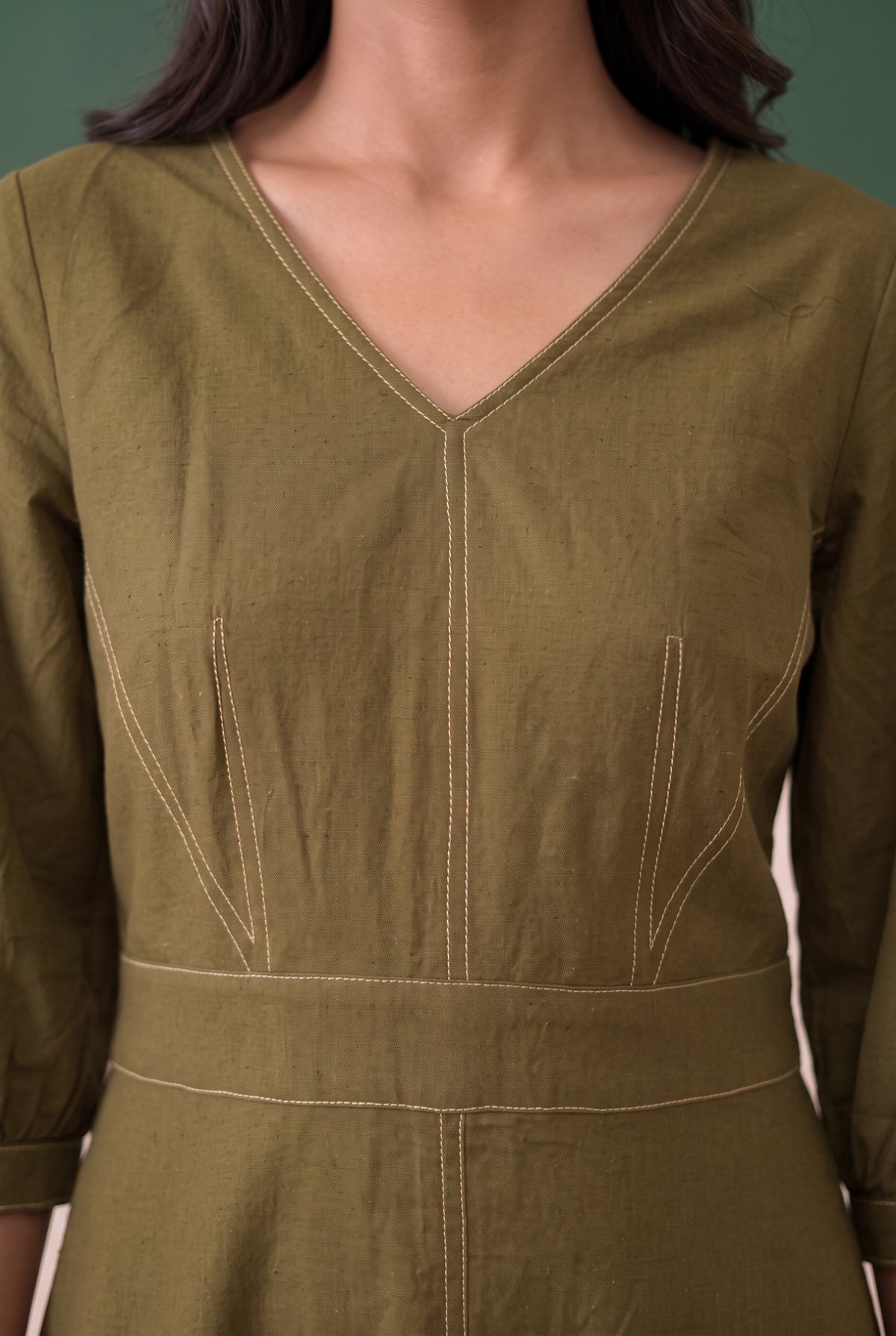 Olive Green Solid A-Line Midi Cotton Flex Dress with Contrast Stitching