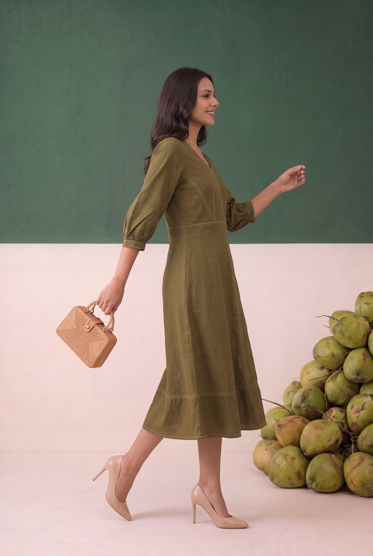 Olive Green Solid A-Line Midi Cotton Flex Dress with Contrast Stitching