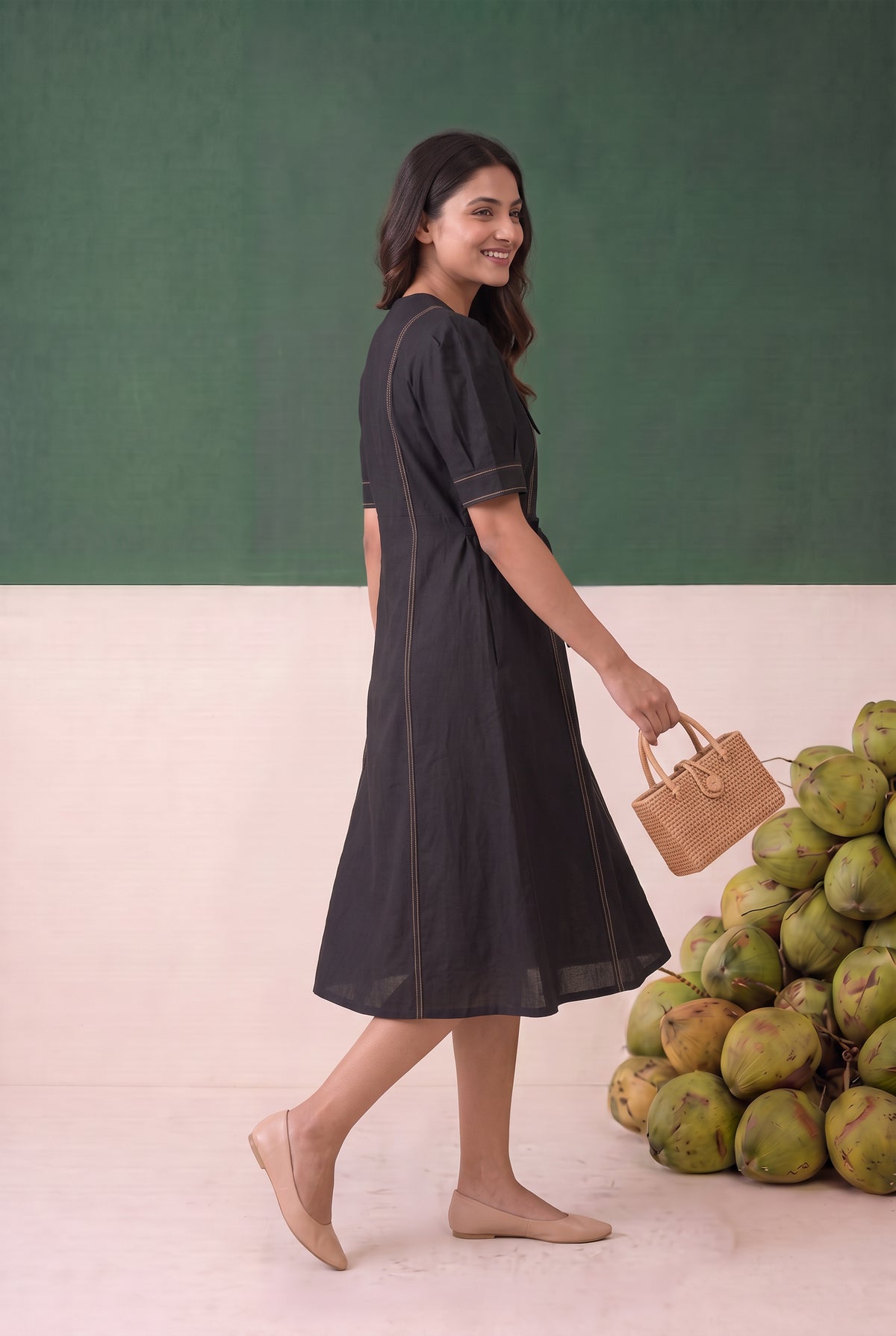 Black Solid Midi Cotton Dress with Waist Tie Belt Contrast Stitching