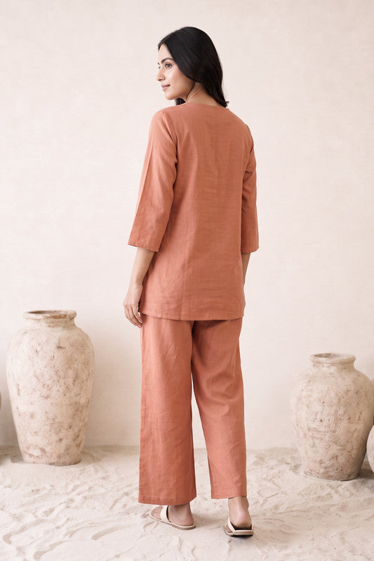 Peach Embroidered Cotton Flex Co-ord Set