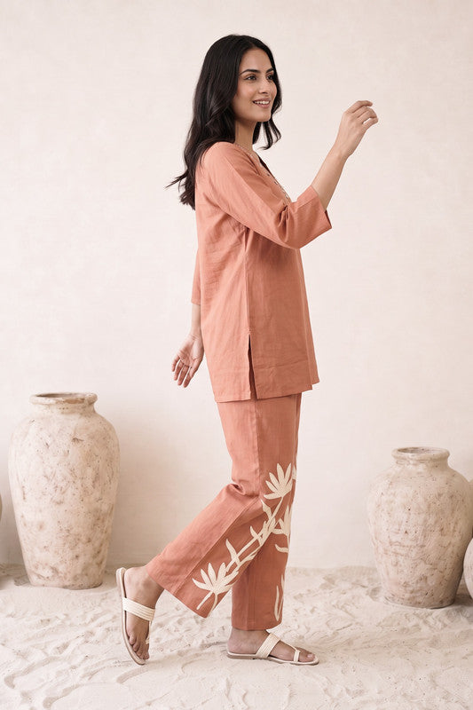 Peach Embroidered Cotton Flex Co-ord Set