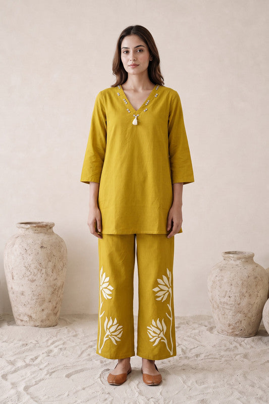 Mustard Embroidered Cotton Flex Co-ord Set