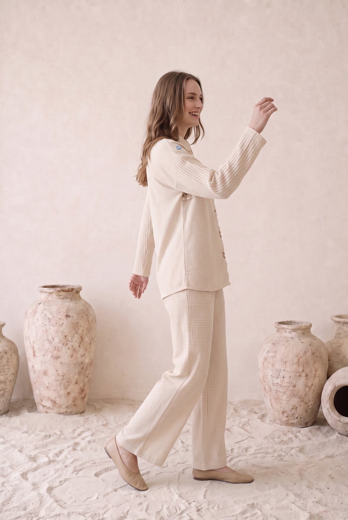 Gingham Cotton Off- White Embroidered Co-ord Set