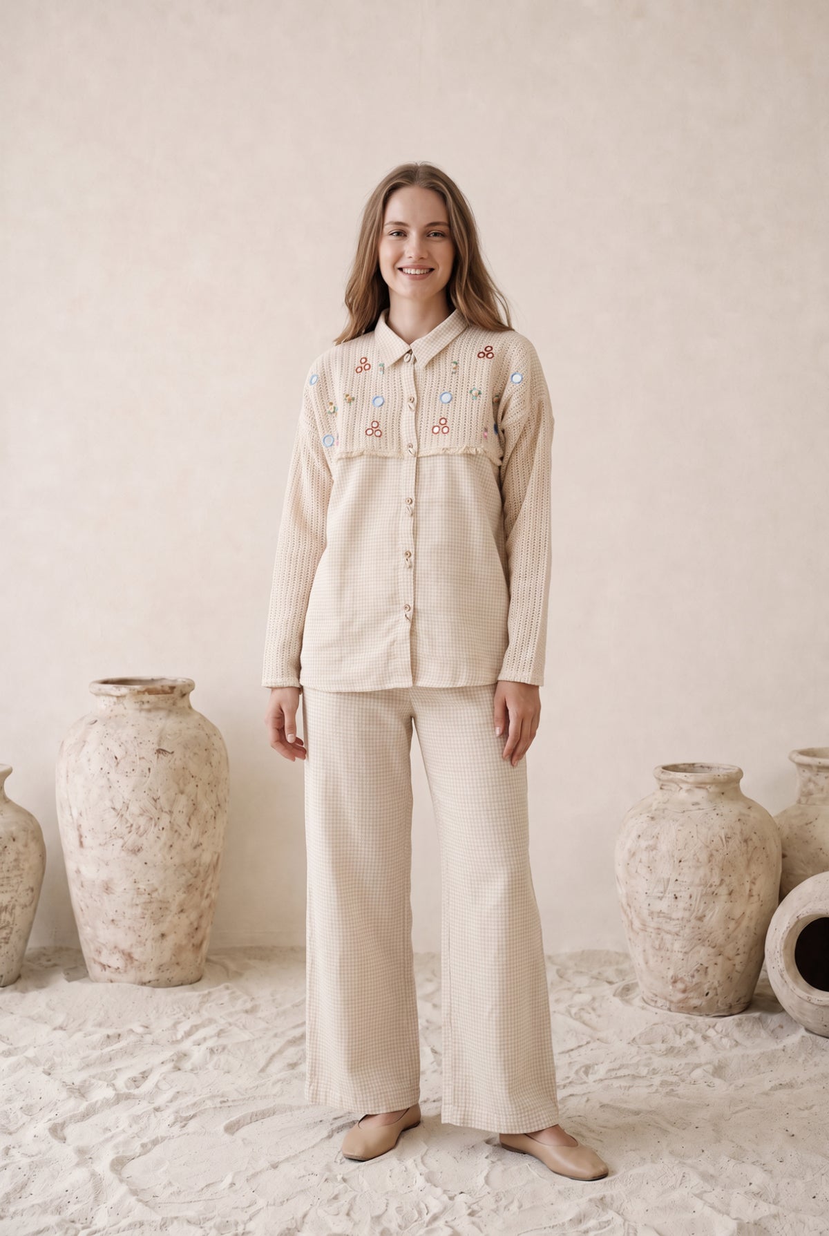 Gingham Cotton Off- White Embroidered Co-ord Set