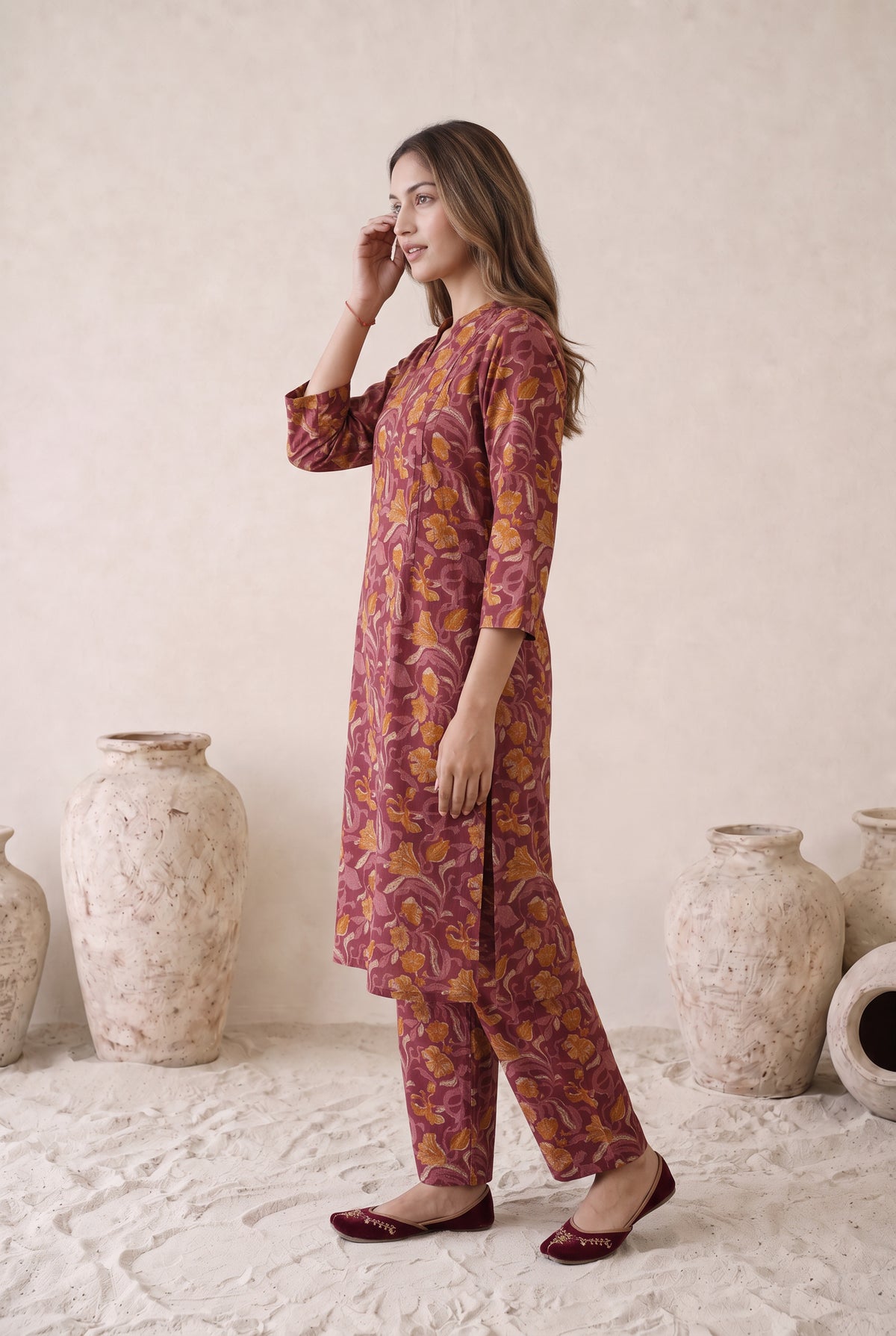 Wine Maroon Floral Printed Cotton Kurta Set