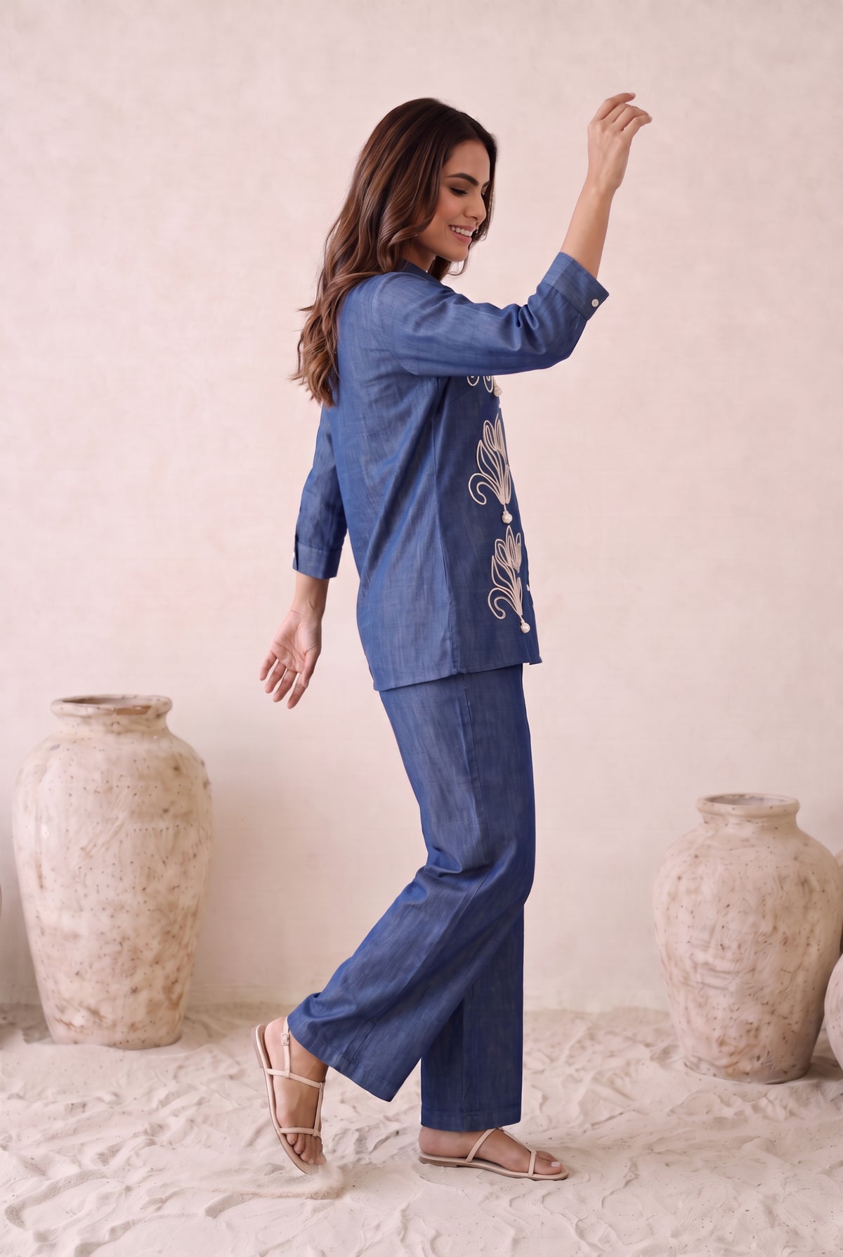 Indigo Embroidered Denim Cottom Co-ord Set