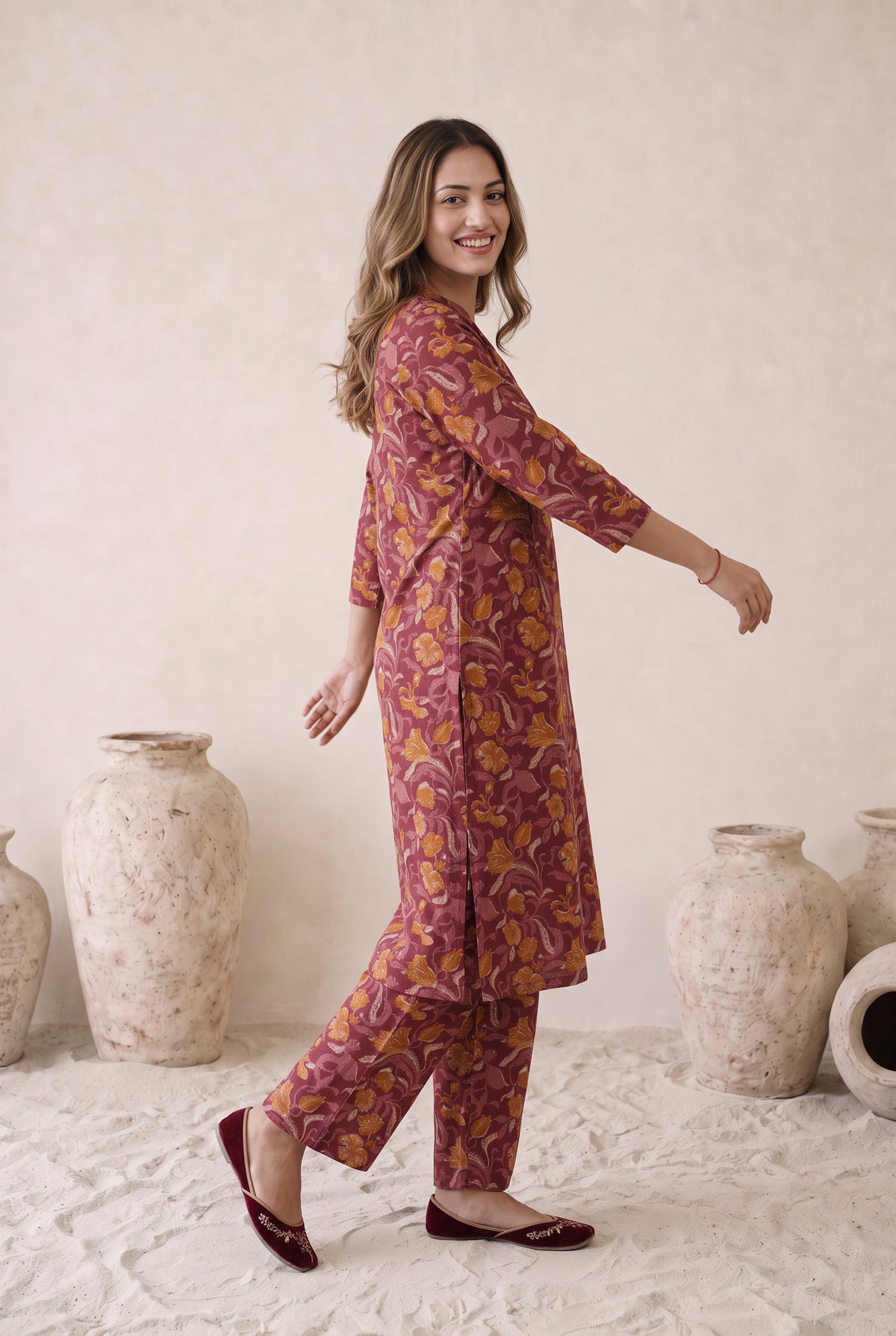Wine Maroon Floral Printed Cotton Kurta Set