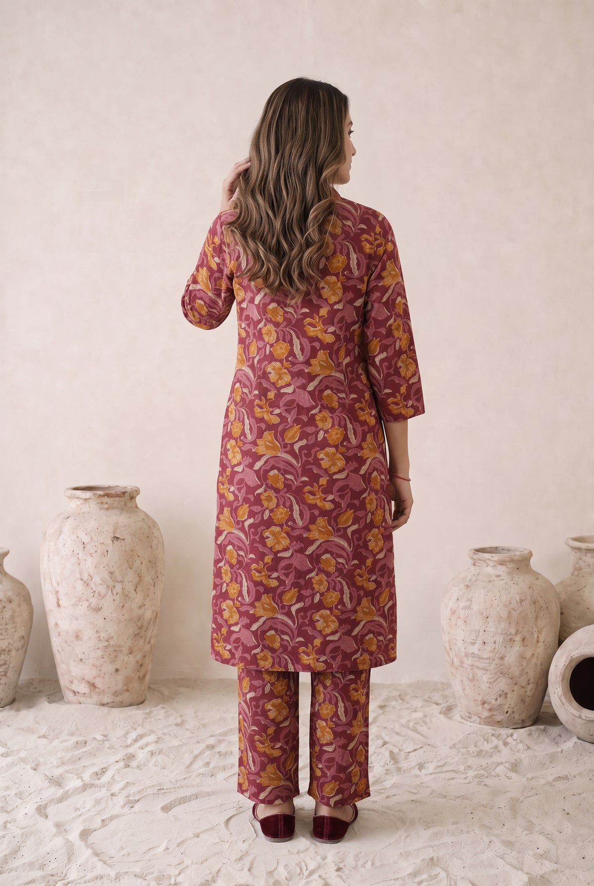 Wine Maroon Floral Printed Cotton Kurta Set