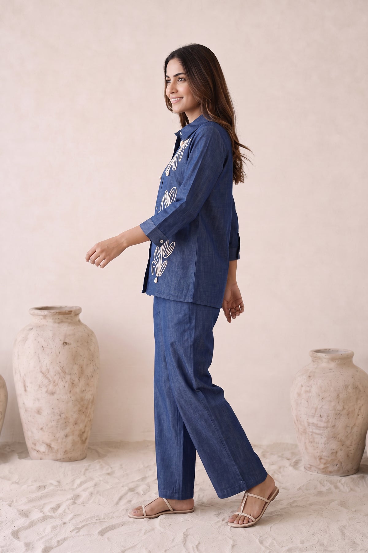 Indigo Embroidered Denim Cottom Co-ord Set