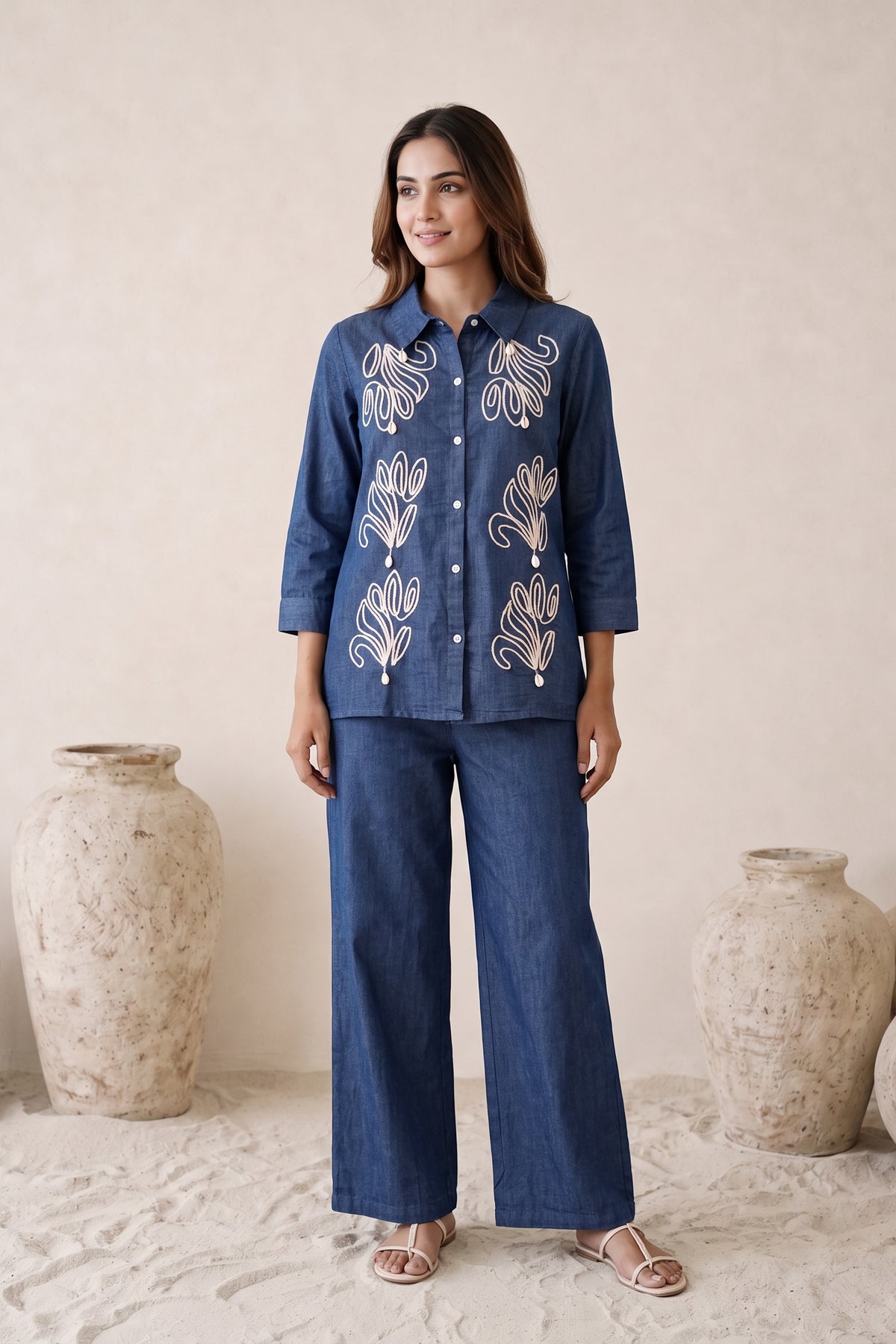 Indigo Embroidered Denim Cottom Co-ord Set