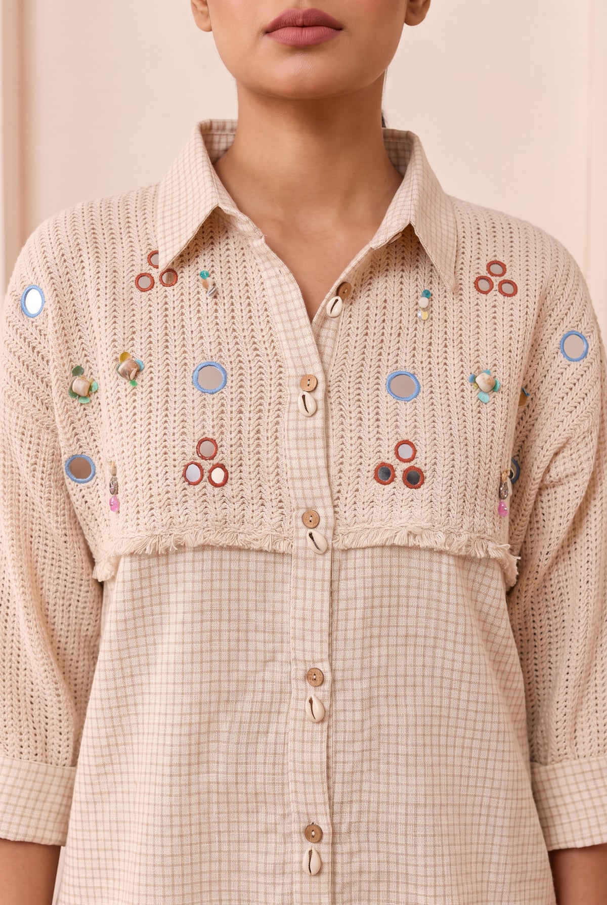 Gingham Cotton Off- White Embroidered Co-ord Set