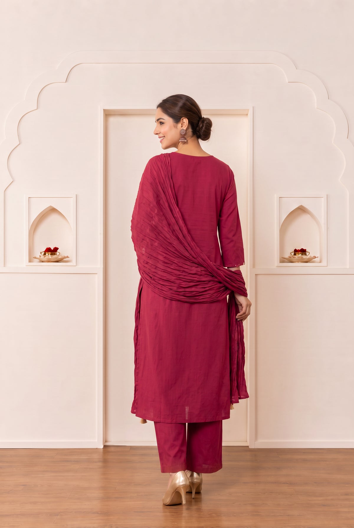 Maroon Floral and Leaf Embroidered Cotton Kurta Set with Dupatta