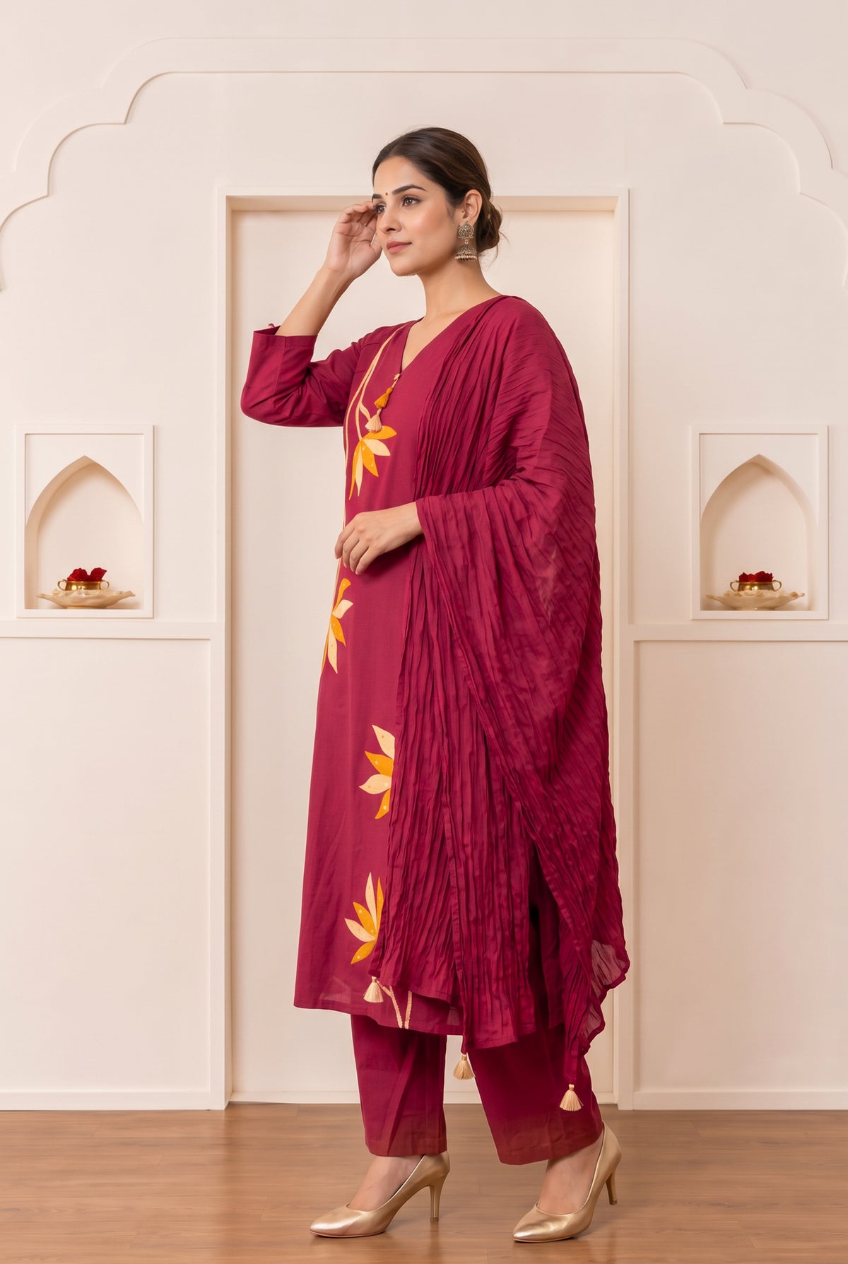 Maroon Floral and Leaf Embroidered Cotton Kurta Set with Dupatta