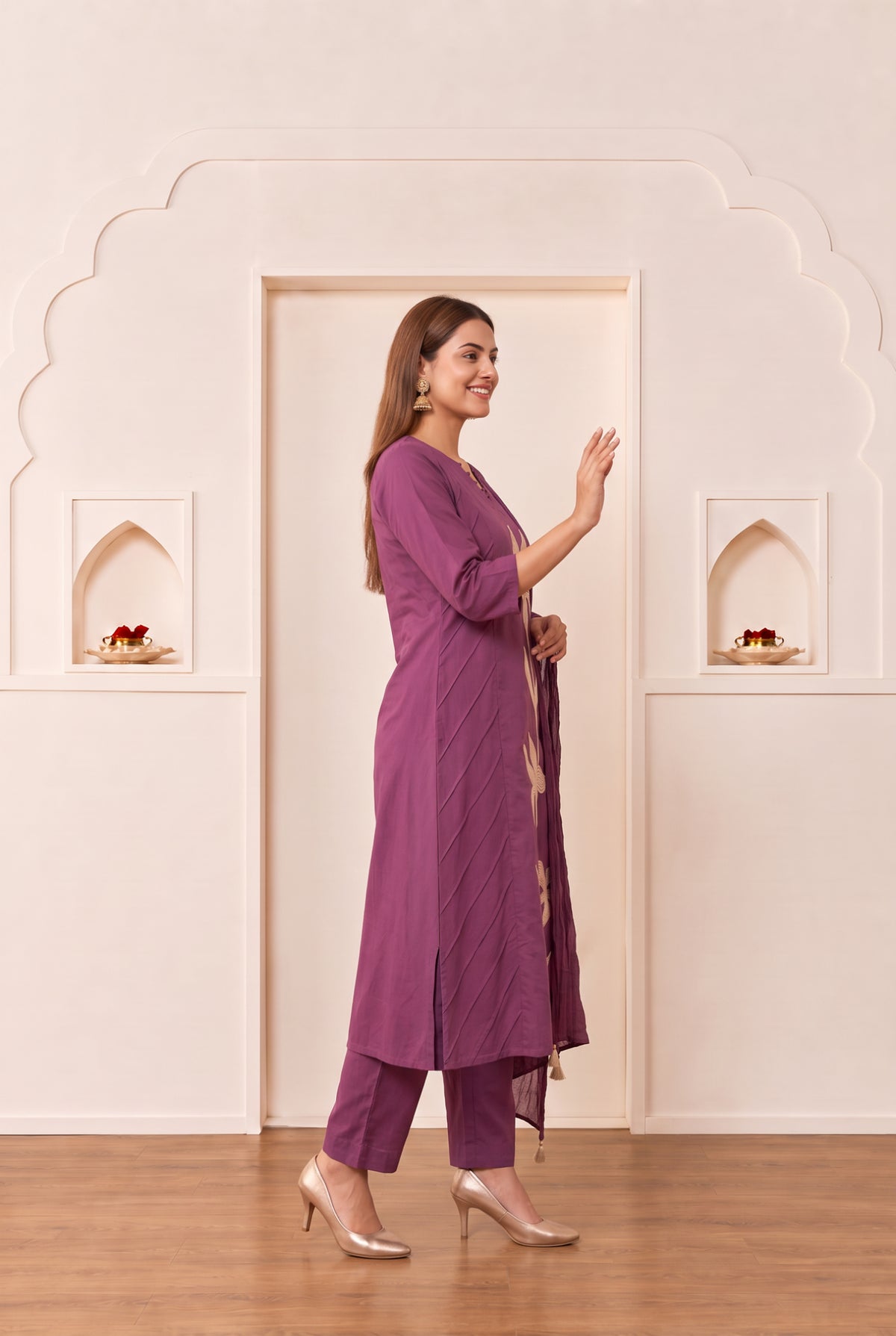 Purple Floral Embroidered Cotton Kurta Set with Dupatta