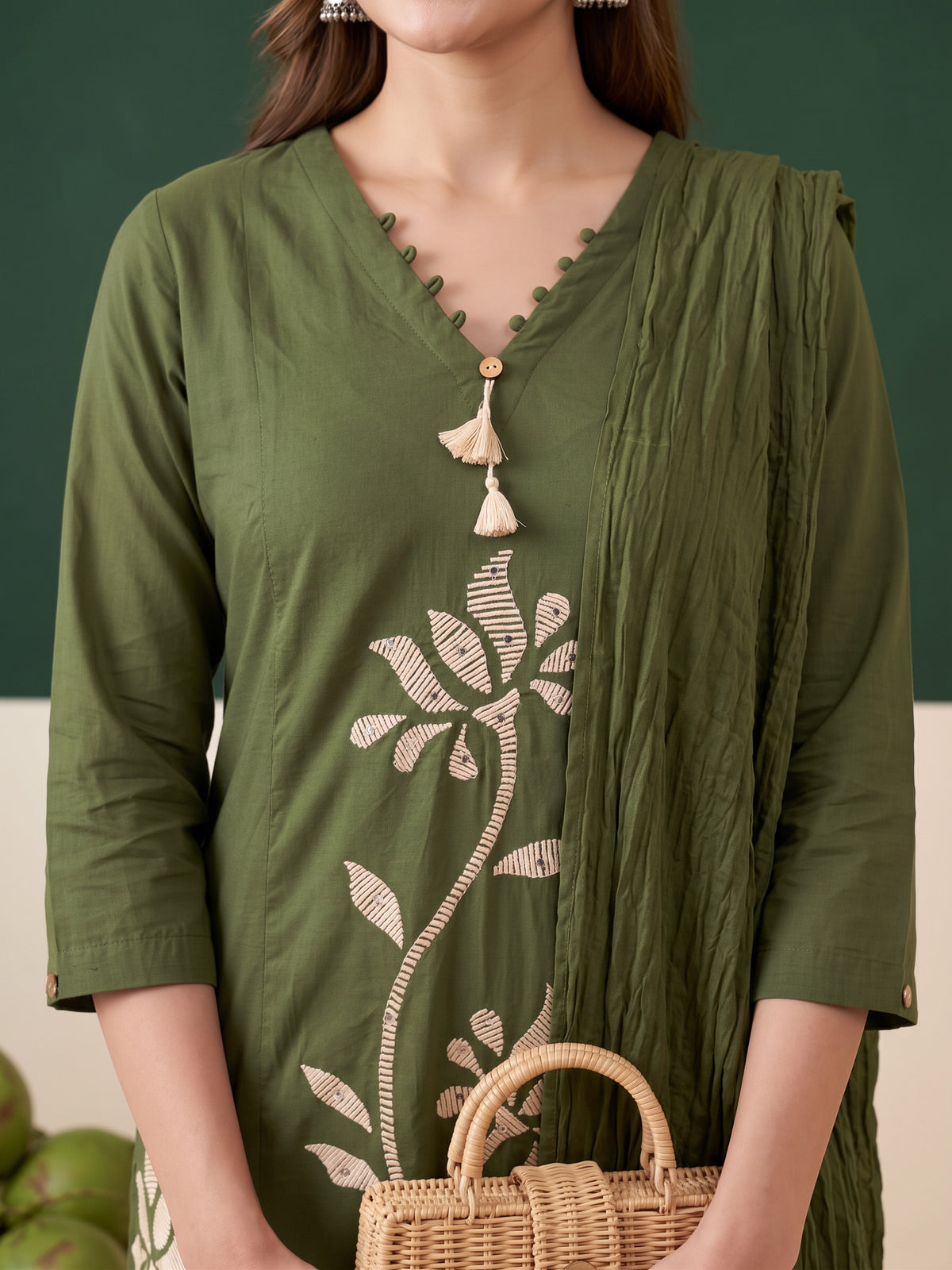 Olive Green Floral Embroidered Cotton Kurta Set with Dupatta