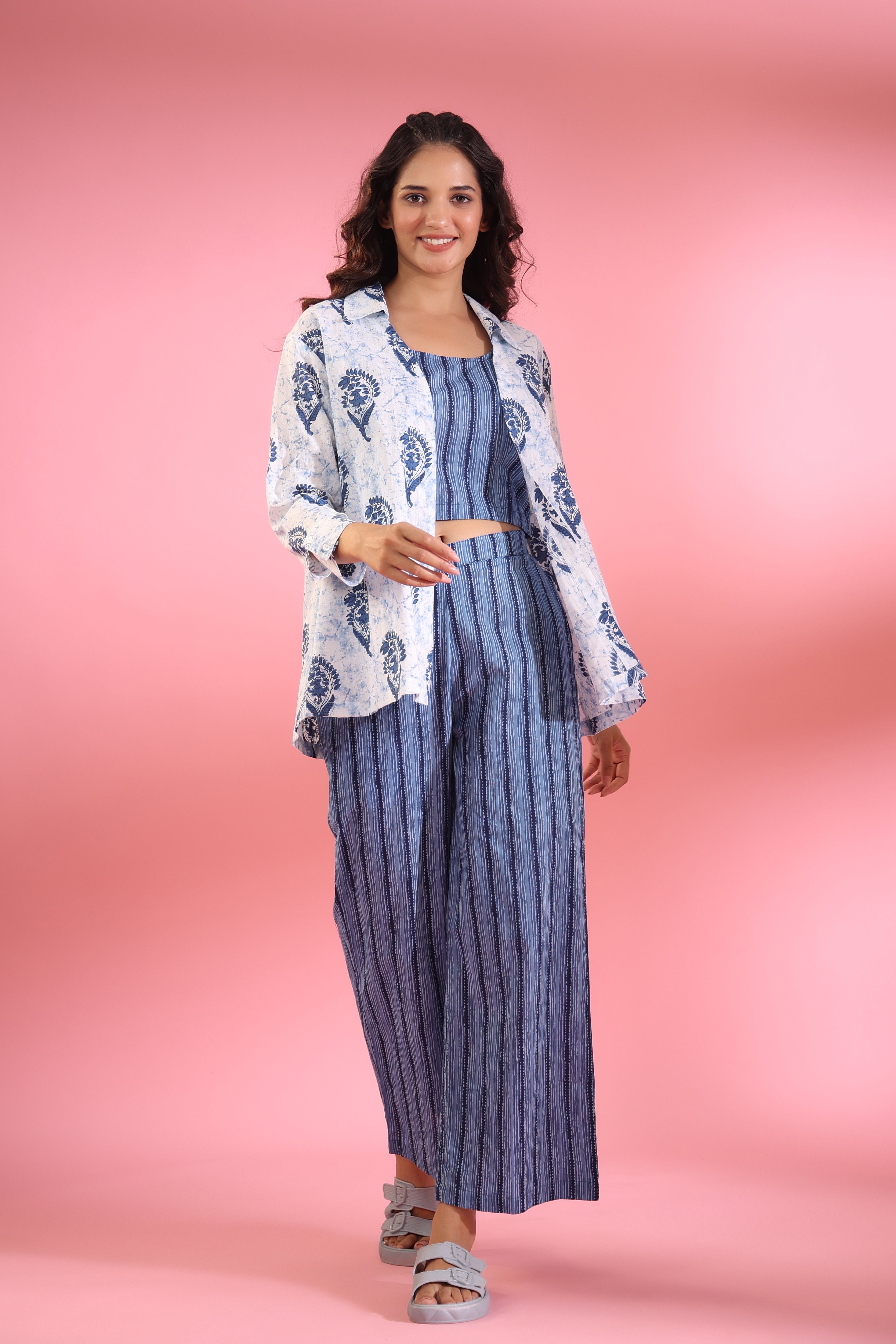 Parallel Lines with Traditional White Booti Shrug Cotton Three Piece Co-ord Set