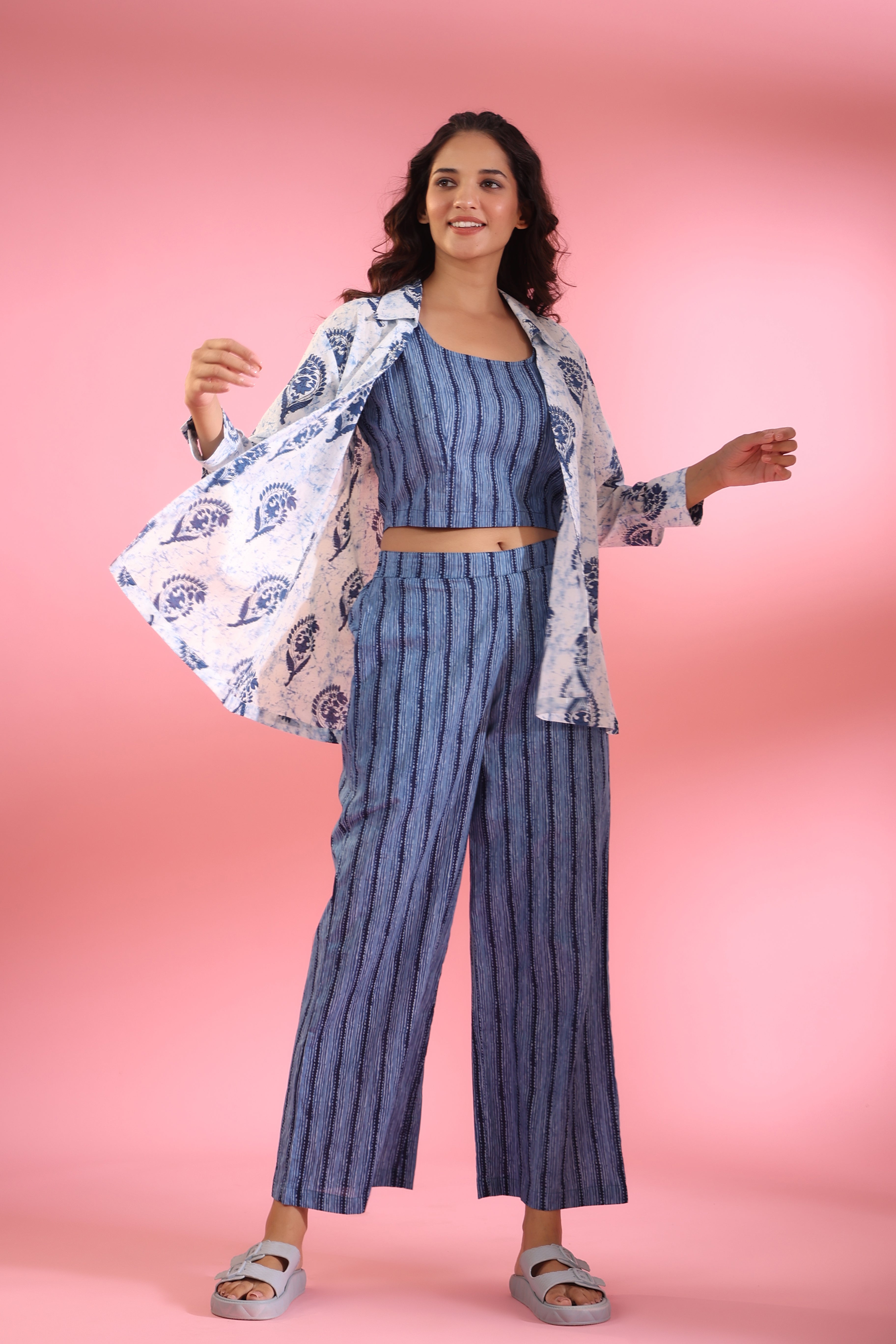 Parallel Lines with Traditional White Booti Shrug Cotton Three Piece Co-ord Set