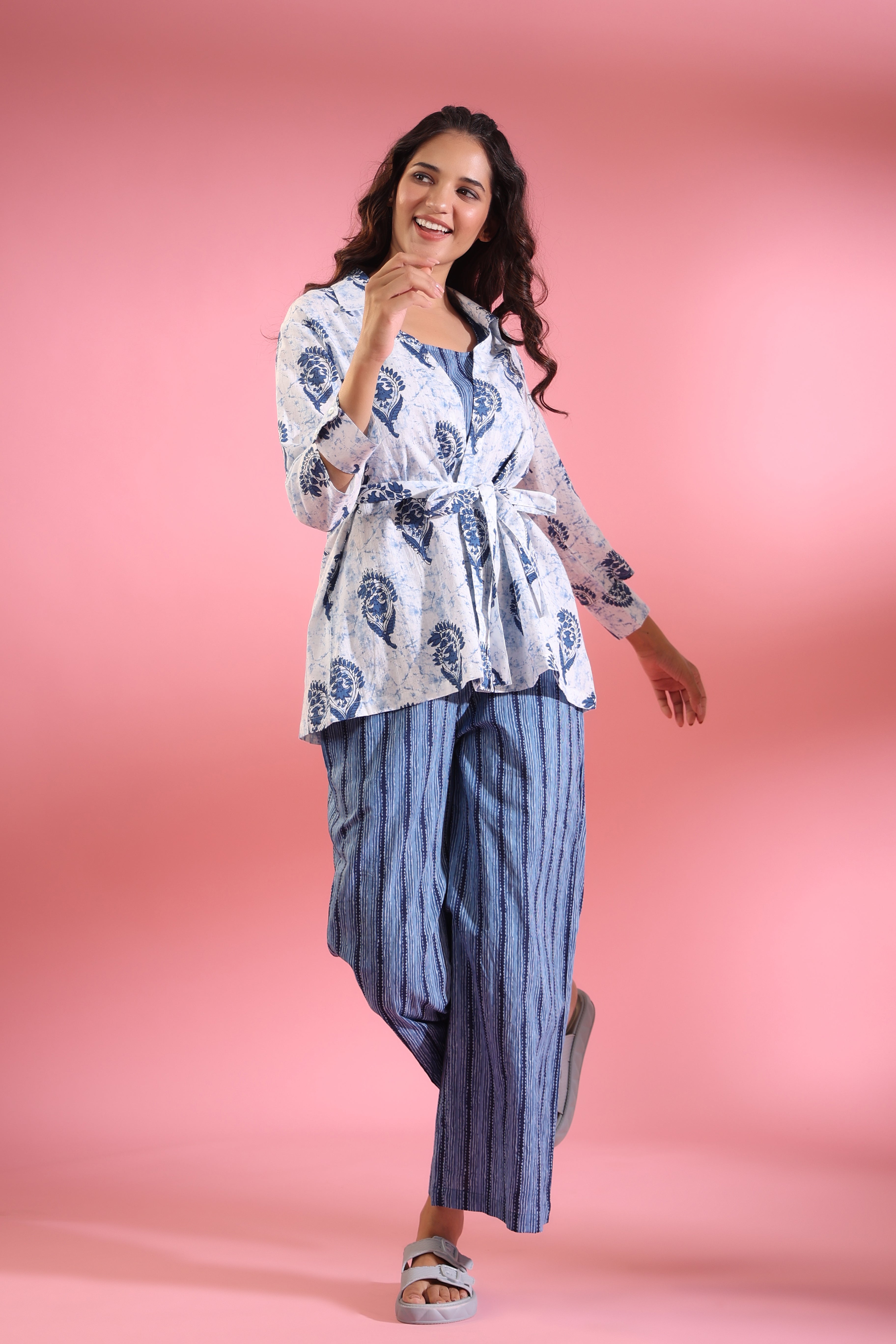 Parallel Lines with Traditional White Booti Shrug Cotton Three Piece Co-ord Set